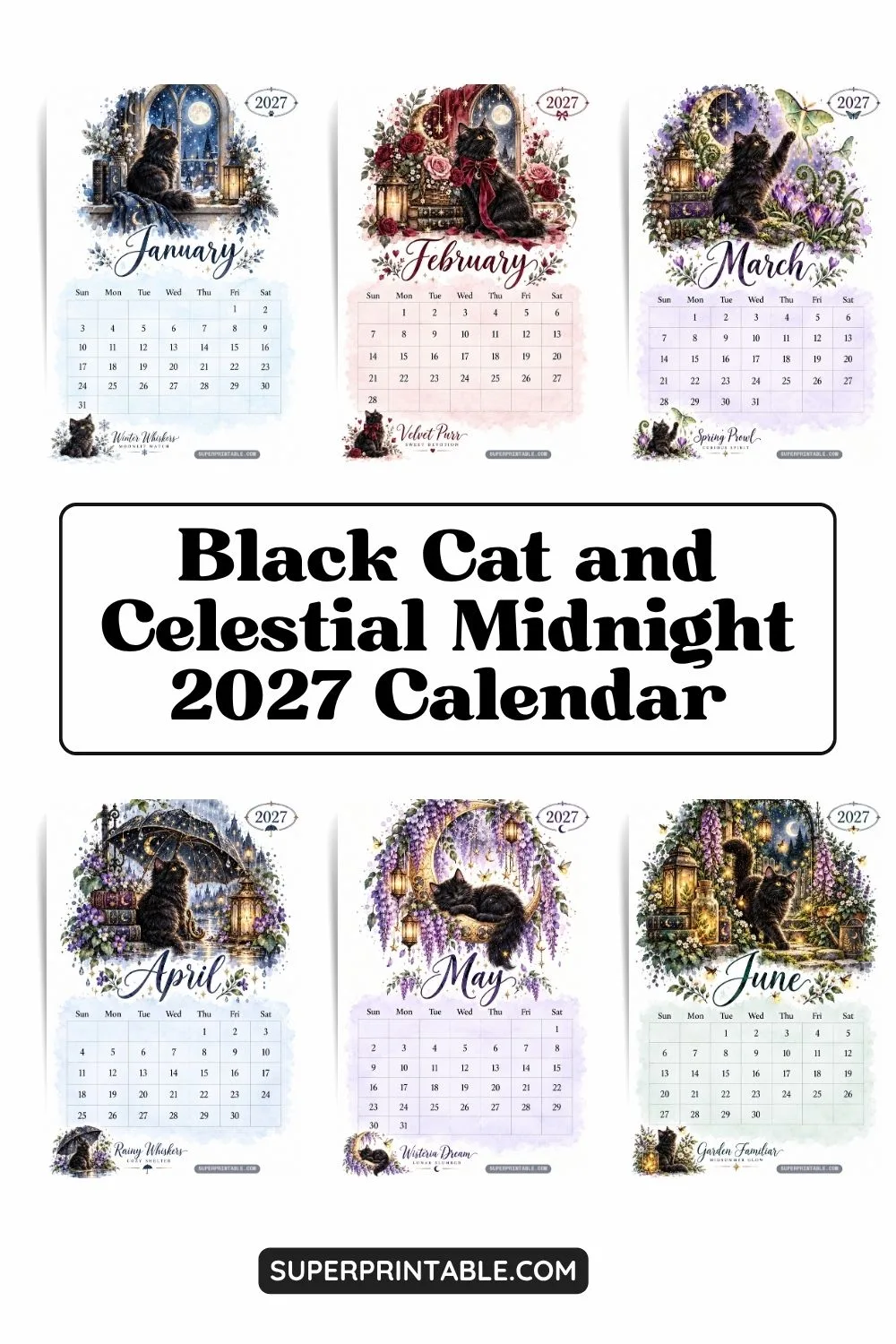 Black Cat and Celestial Midnight 2027 Calendar Pinterest Image