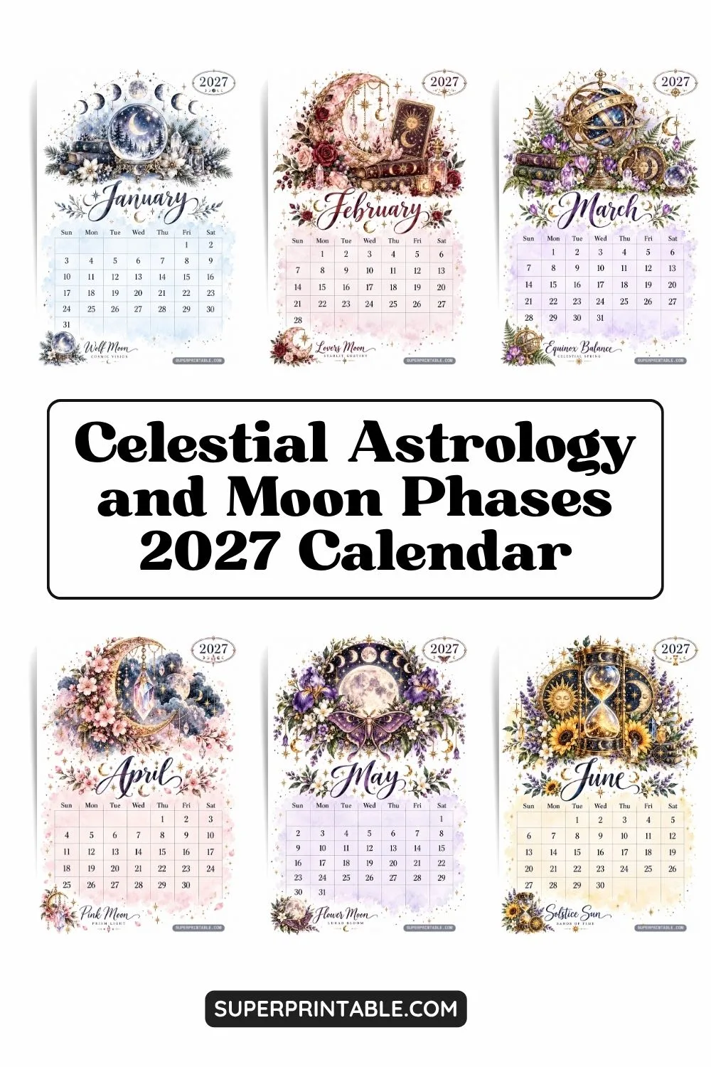 Celestial Astrology and Moon Phases 2027 Calendar Pinterest Image