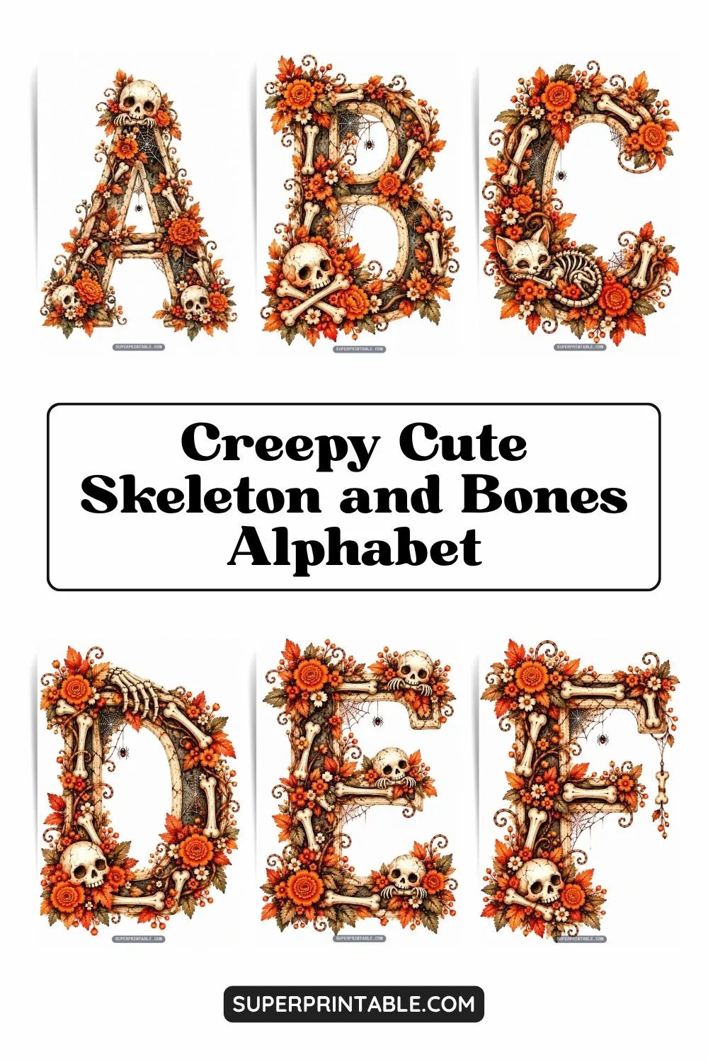 Creepy Cute Skeleton and Bones Alphabet Pinterest Image