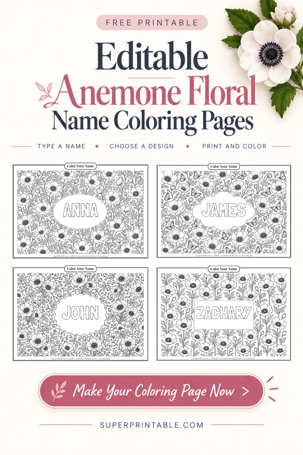 Editable Anemone Floral Name Coloring Pages Pinterest Image
