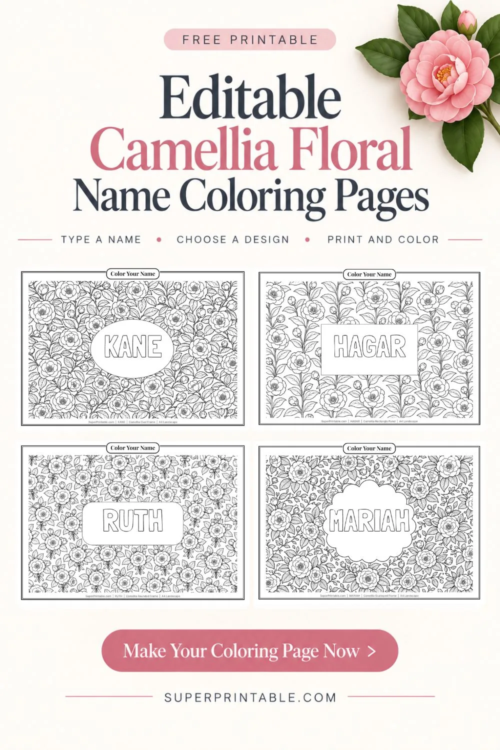 Editable Camellia Floral Name Coloring Pages Pinterest Image