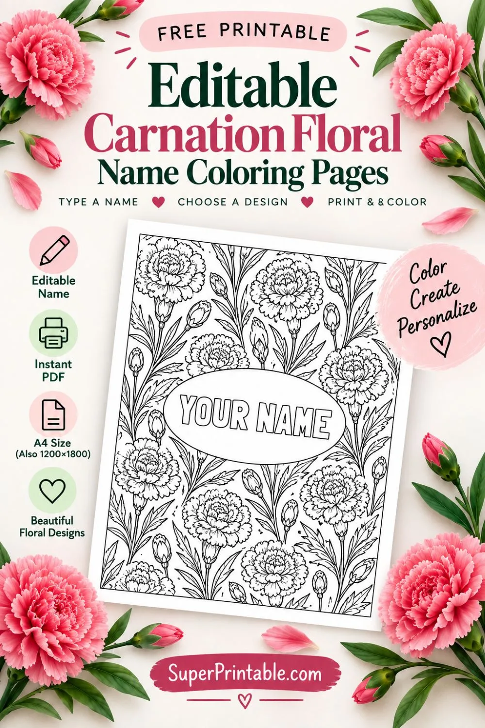 Editable Carnation Floral Name Coloring Pages Featured