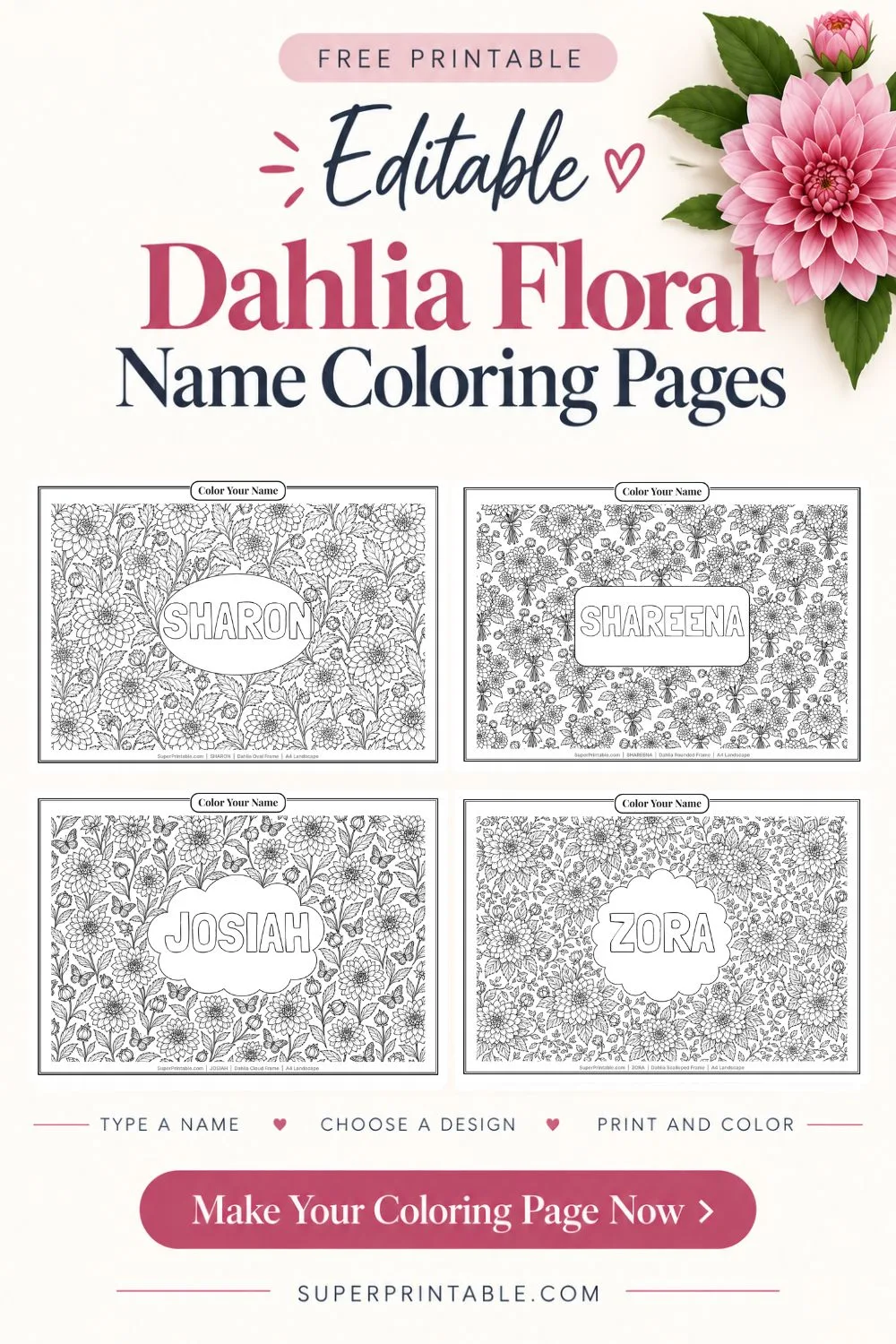 Editable Dahlia Floral Name Coloring Pages Pinterest Image