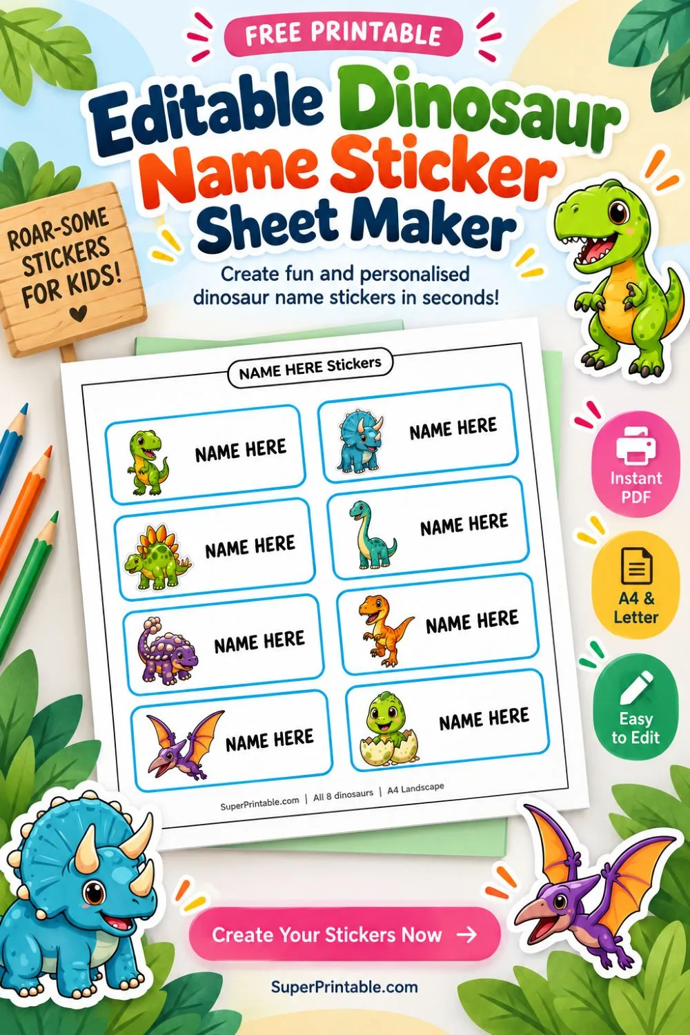 Editable Dinosaur Name Sticker Sheet Maker