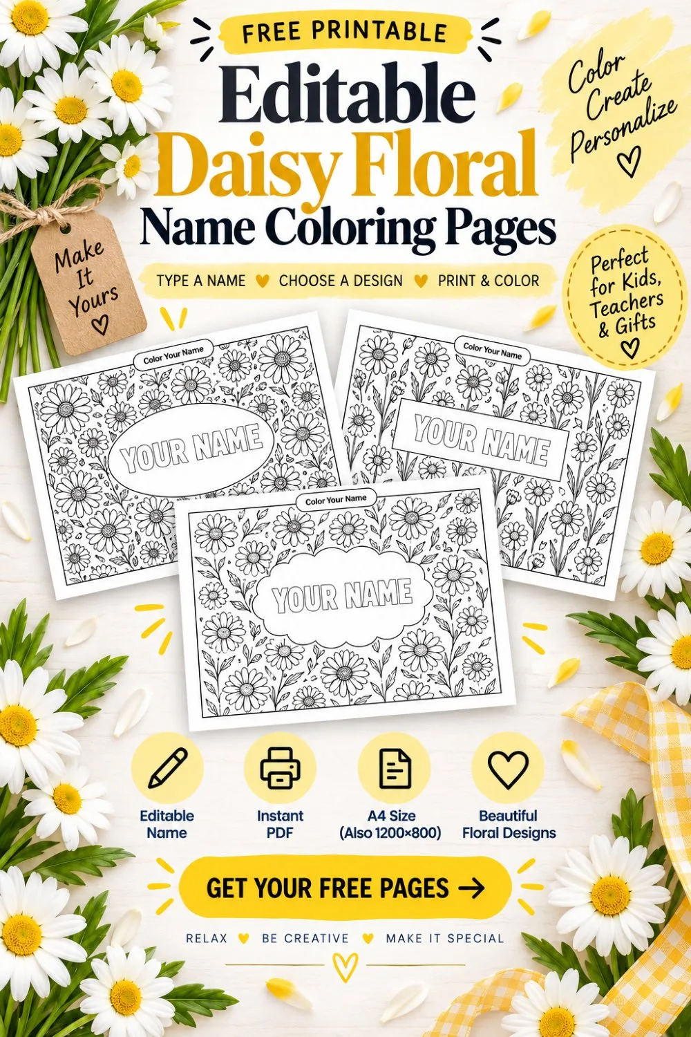 Editable Daisy Floral Name Coloring Pages Pin1