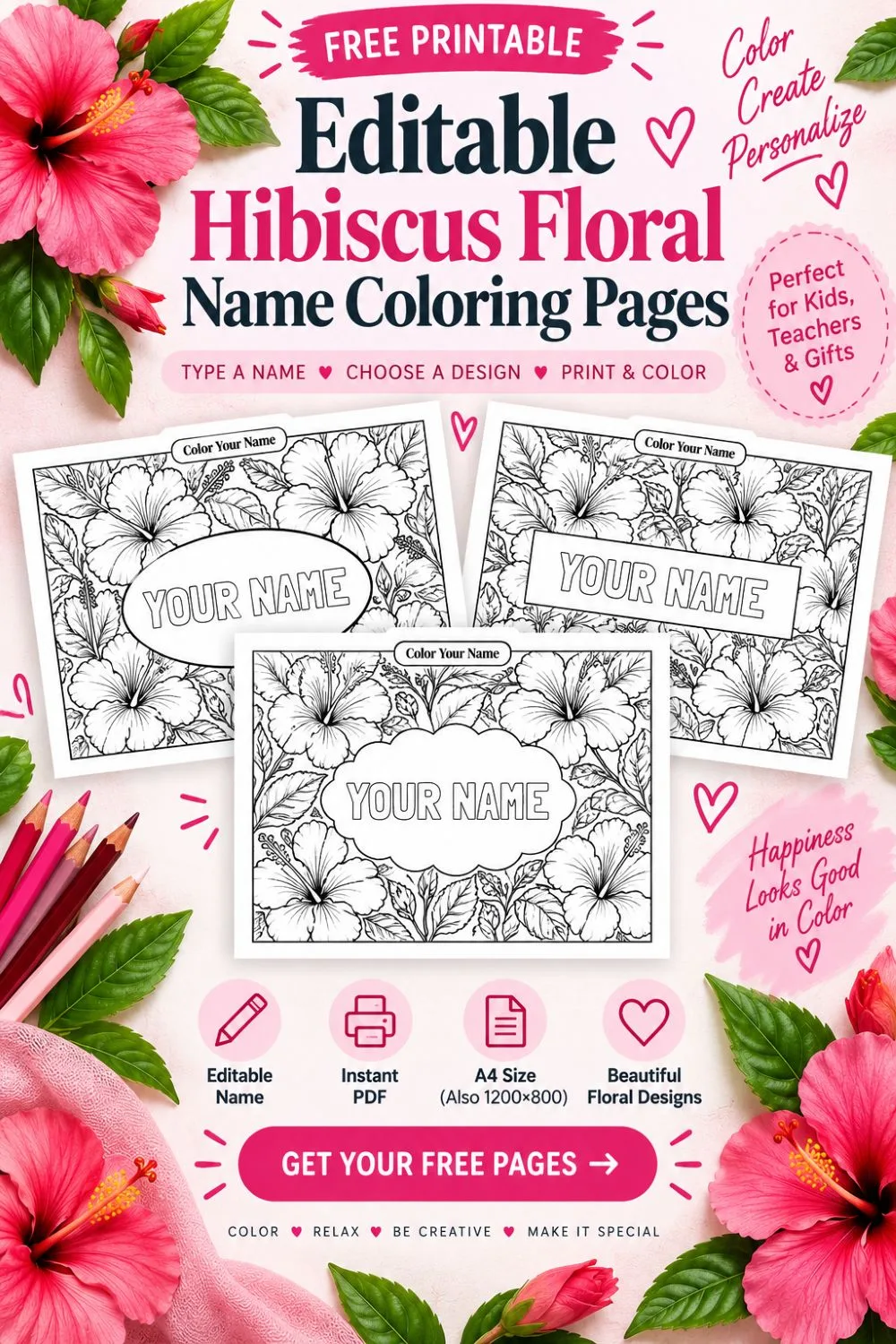 Editable Hibiscus Floral Name Coloring Pages