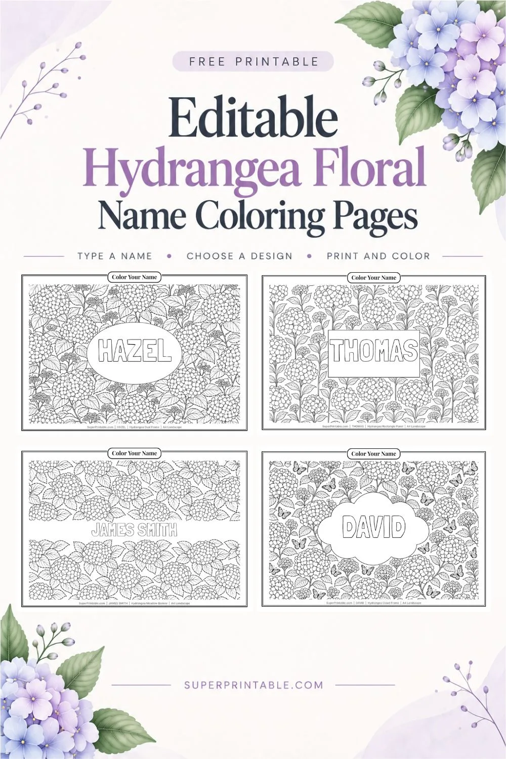 Editable Hydrangea Floral Name Coloring Pages Pinterest Image