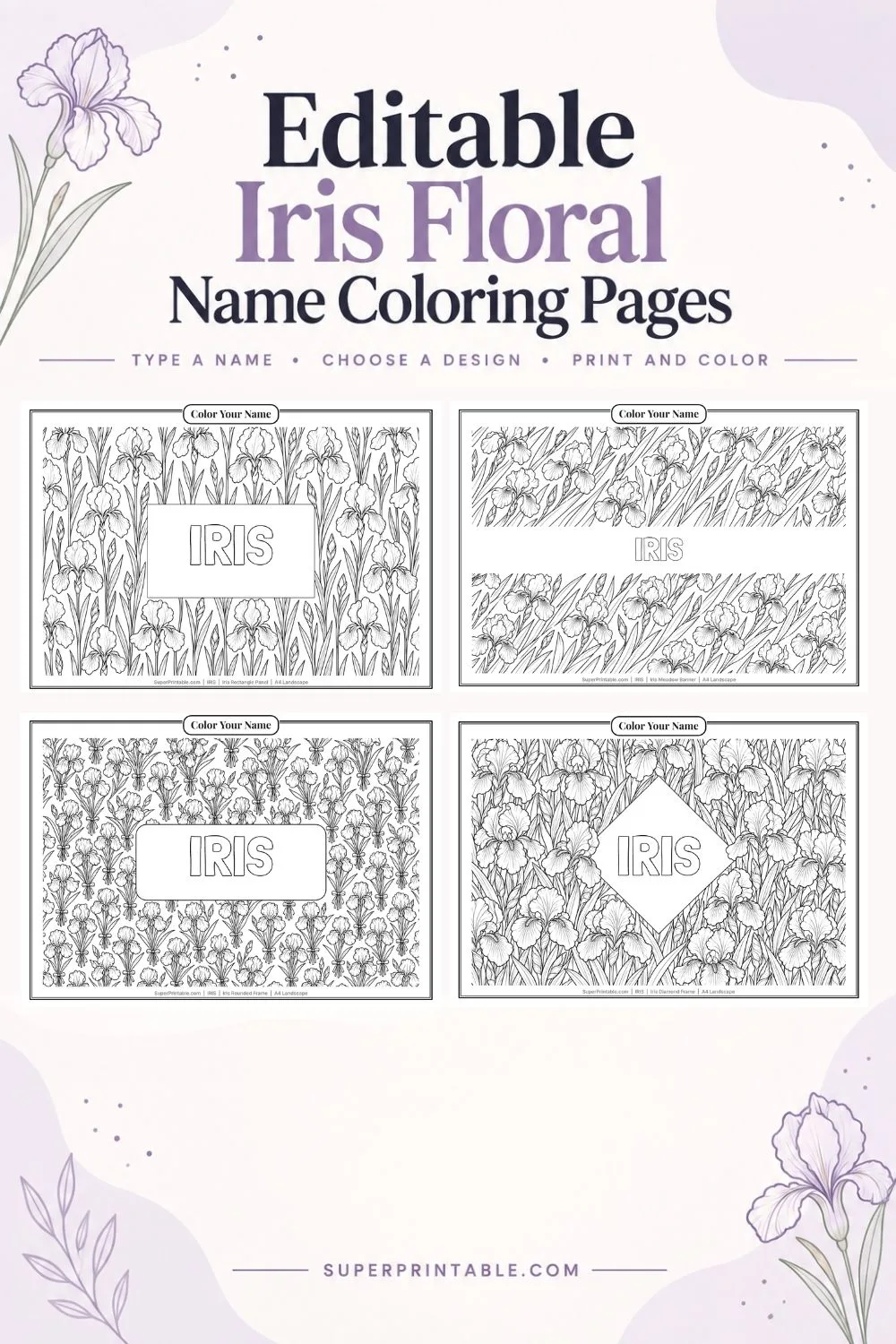 Editable Iris Floral Name Coloring Pages Pinterest Image