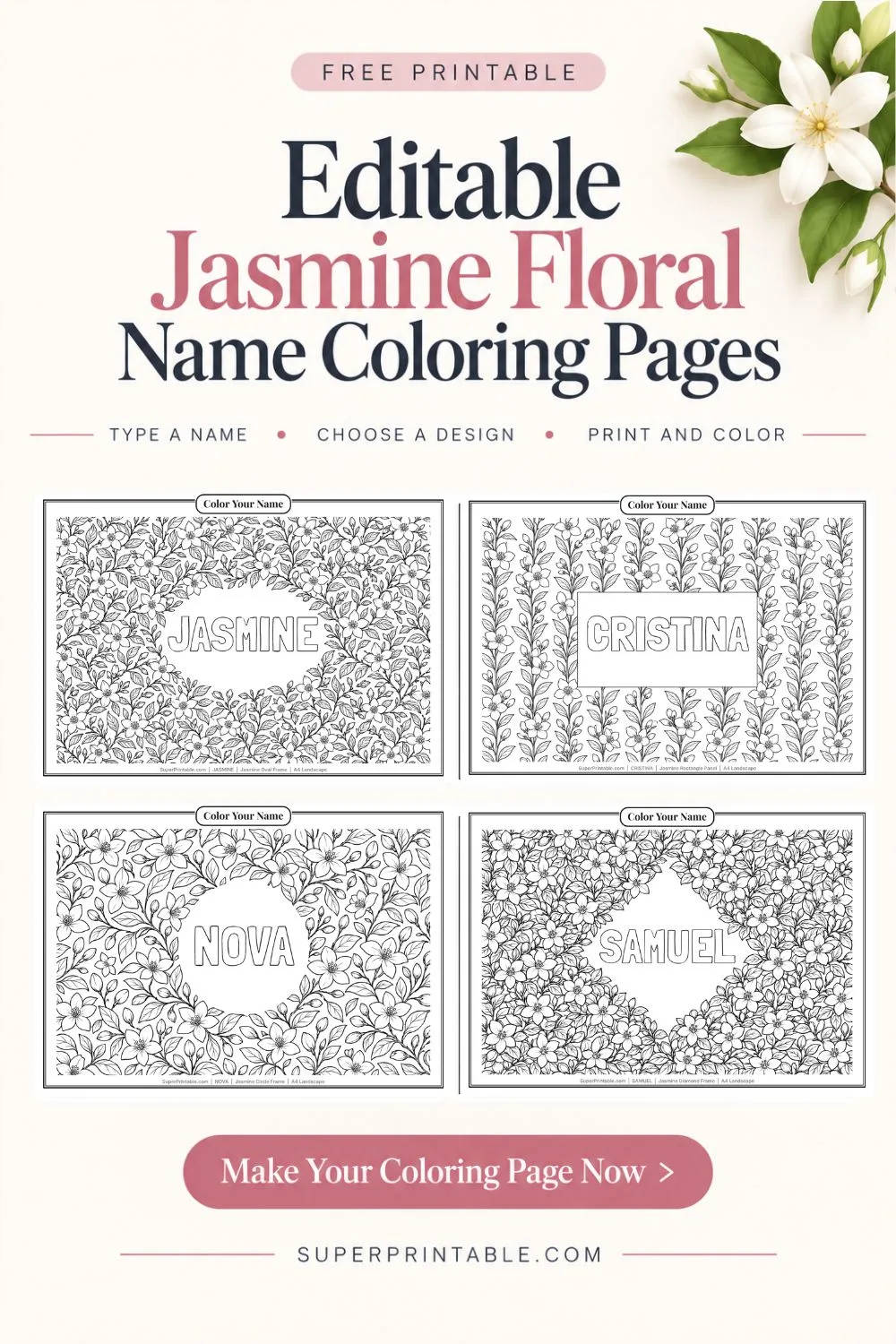Editable Jasmine Floral Name Coloring Pages Pinterest Image