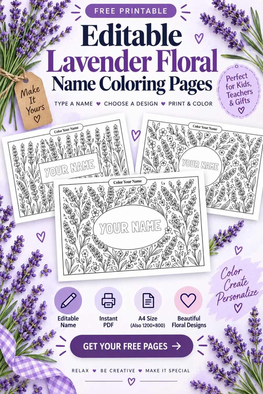 Make learning and creativity more personal with these Editable Lavender Floral Name Coloring Pages! Create a unique coloring page by adding any name, choosing from beautiful lavender-inspired floral designs, and printing it instantly. Perfect for kids, classrooms, teachers, name recognition activities, quiet time, personalized gifts, and relaxing coloring fun.
<p width=