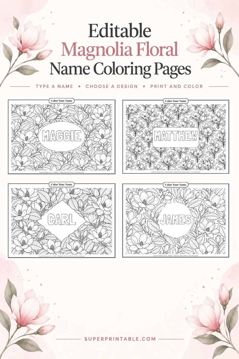 Editable Magnolia Floral Name Coloring Pages Pinterest Image
