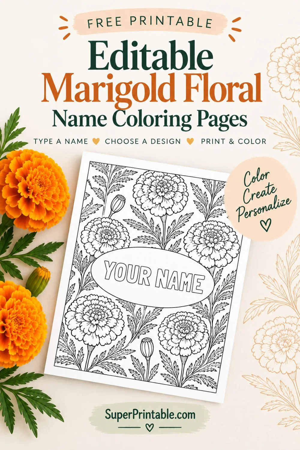 Editable Marigold Floral Name Coloring Pages