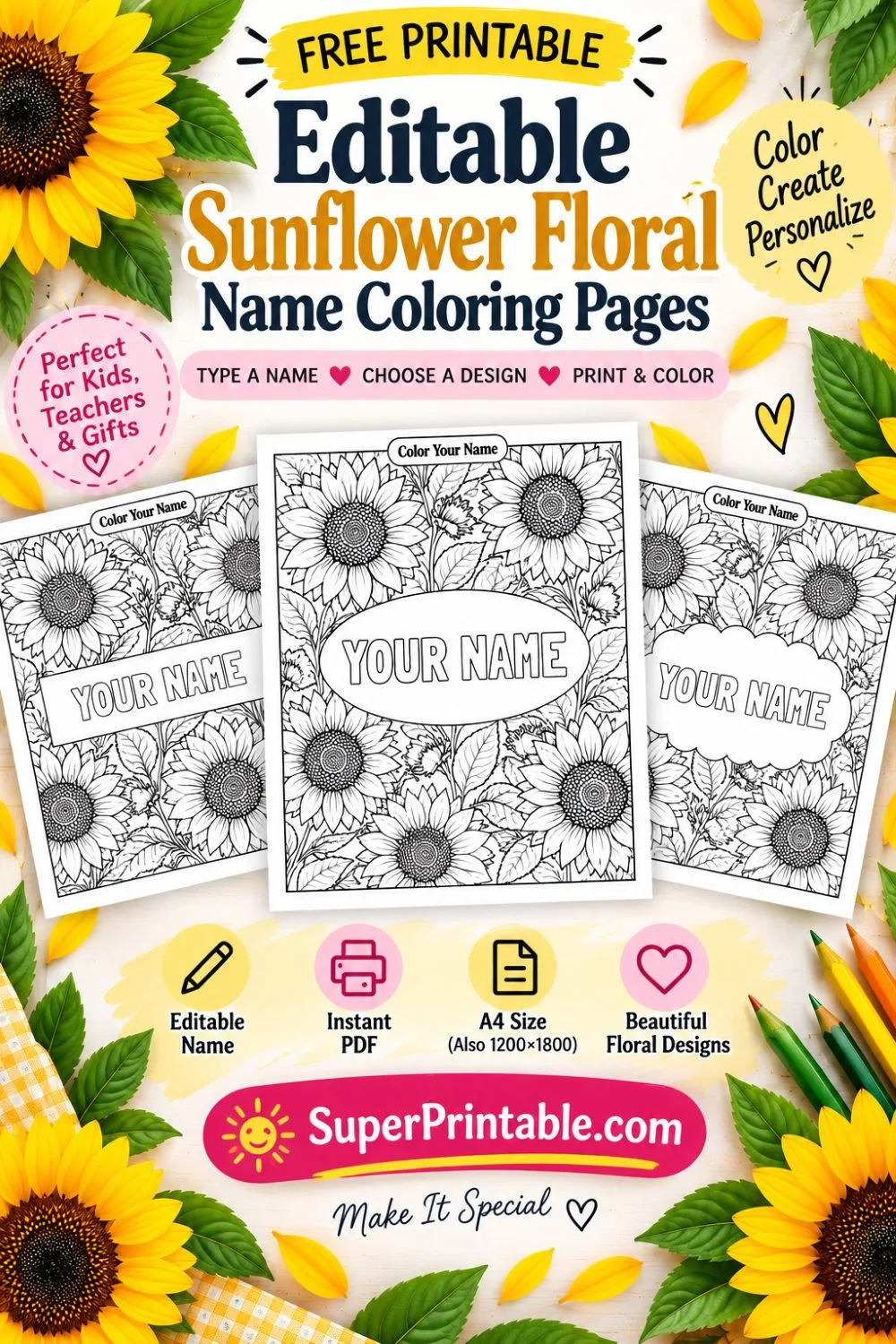 Editable Sunflower Floral Name Coloring Pages