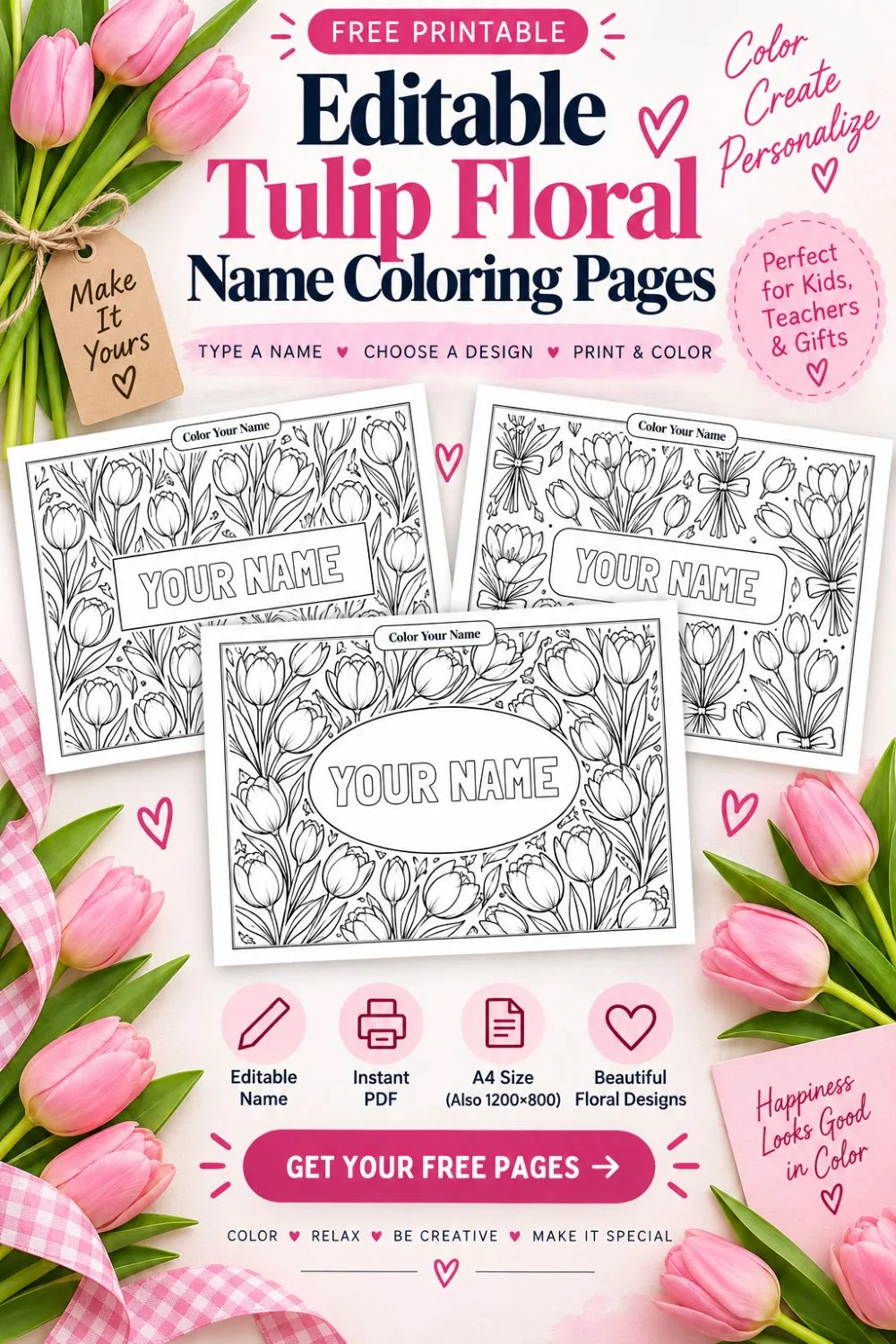 Editable Tulip Floral Name Coloring Pages Pin