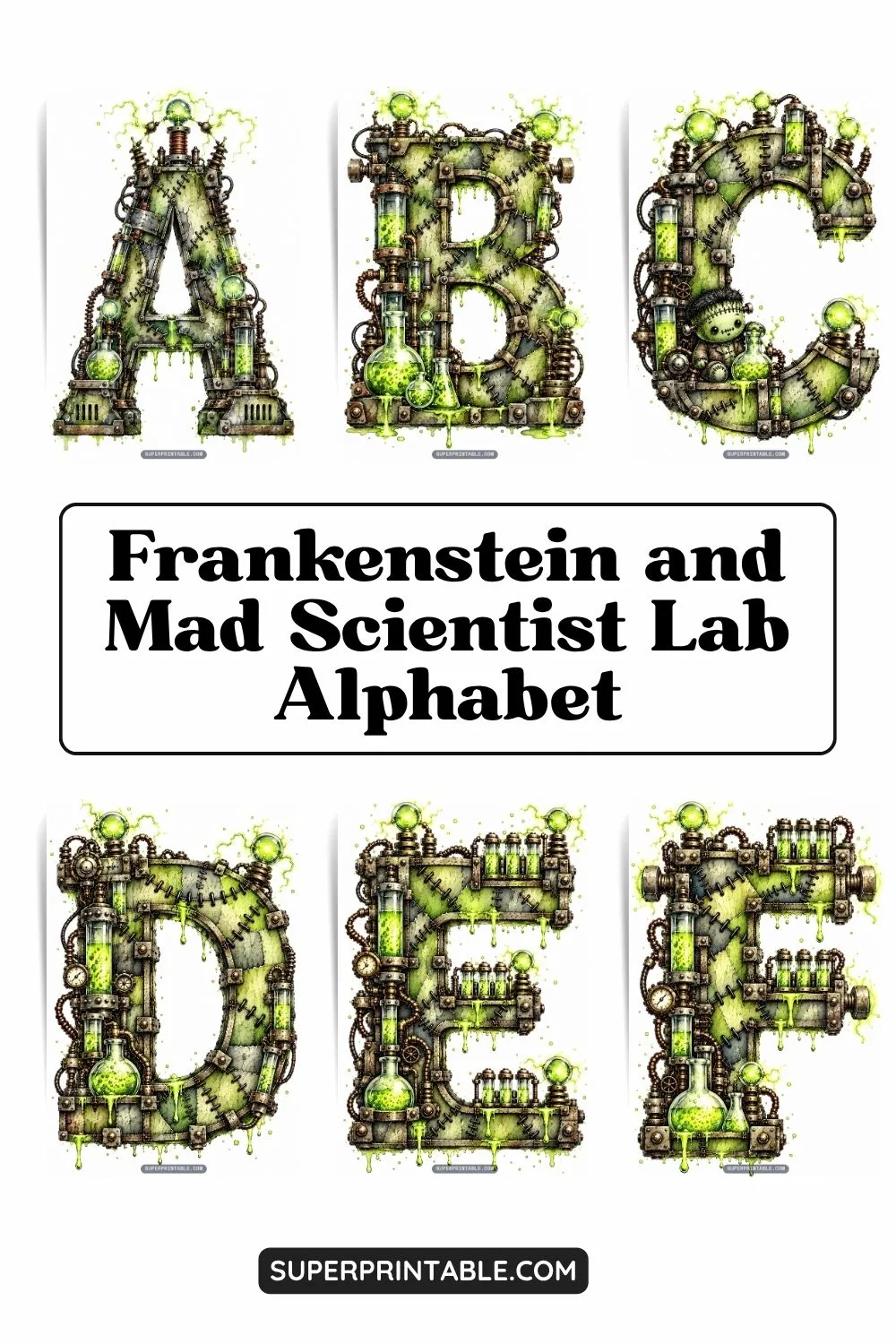 Frankenstein and Mad Scientist Lab Alphabet Pinterest Image