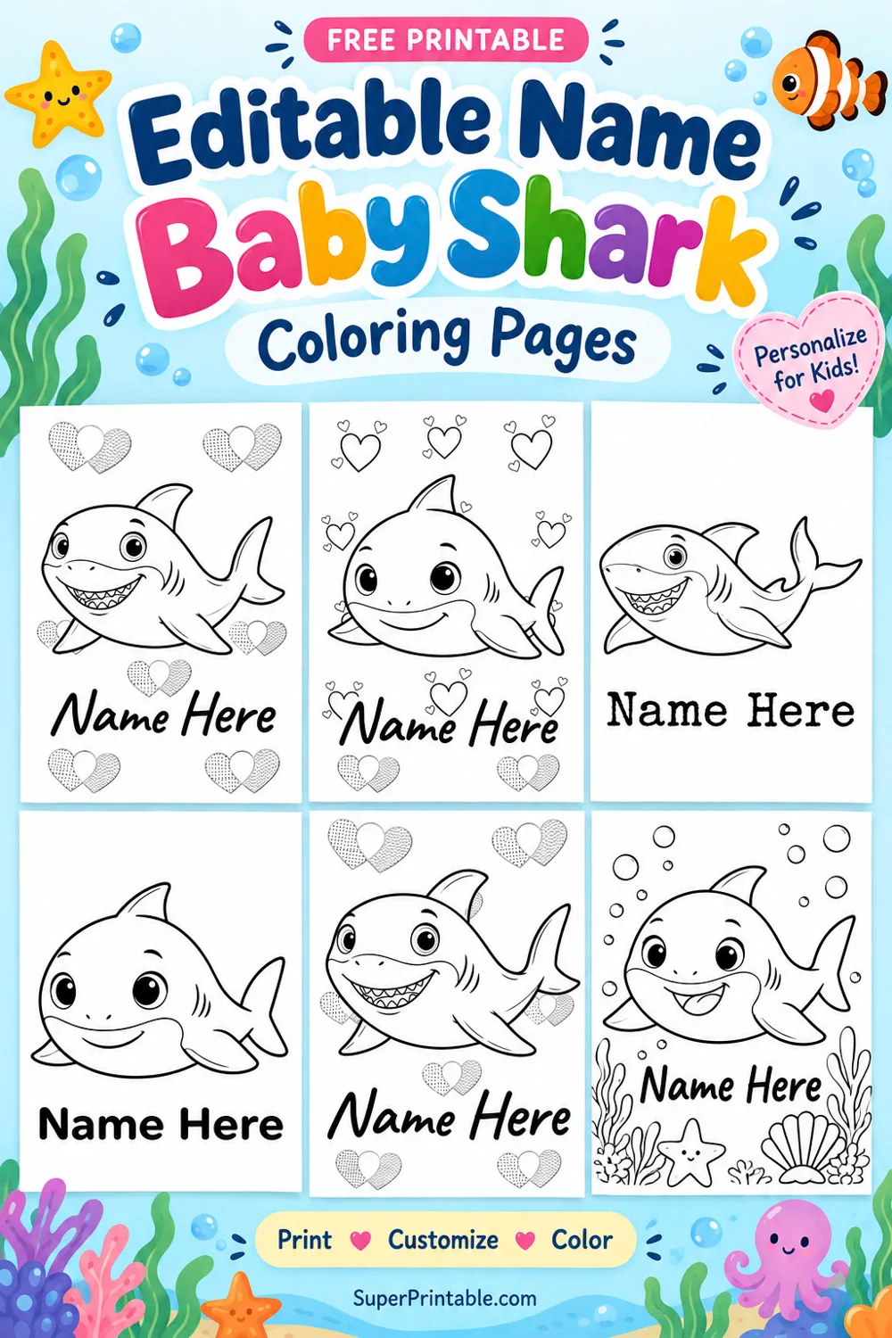 Editable Name Baby Shark Coloring Pages