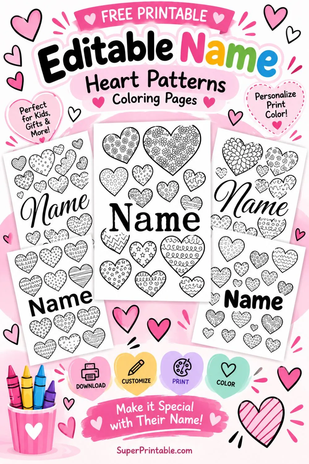 Printable Editable Name Heart Patterns Coloring Page Pin