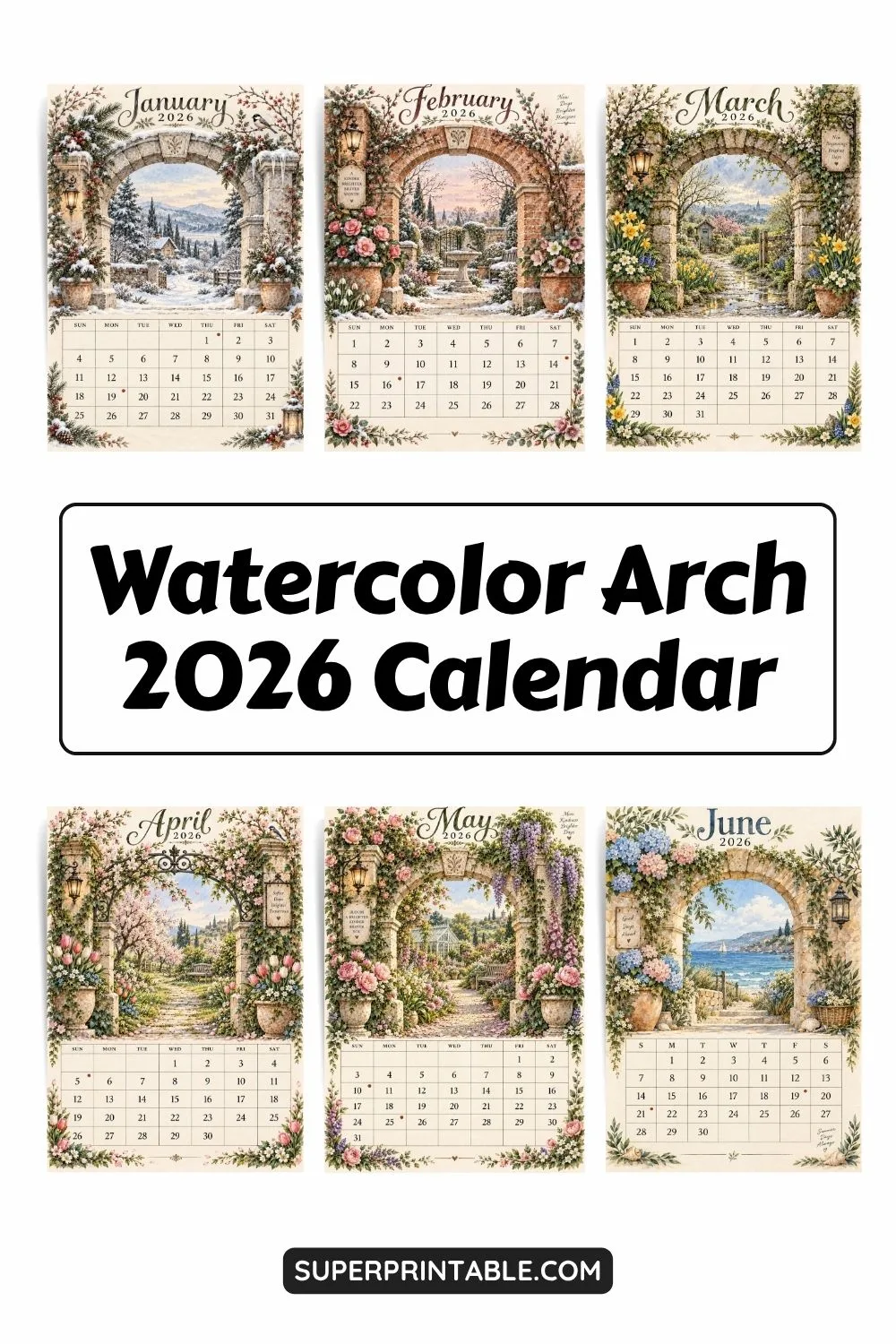 Watercolor Arch 2026 Calendar Printable Pinterest Image