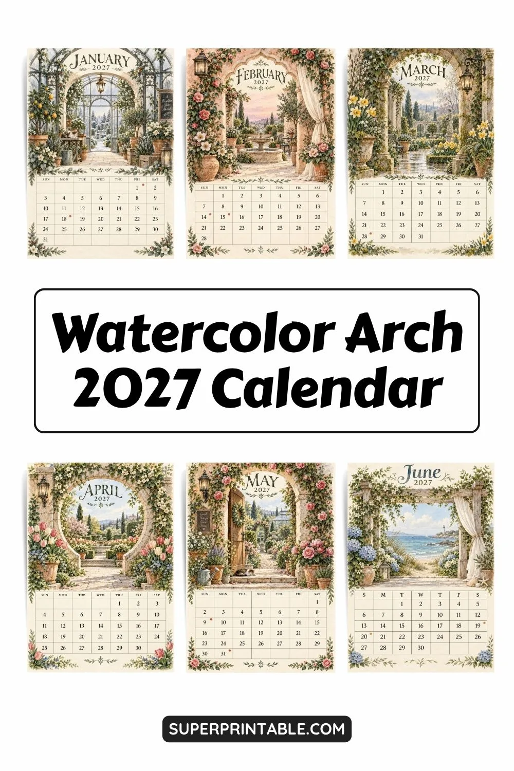 Watercolor Arch 2027 Calendar Printable Pinterest Image