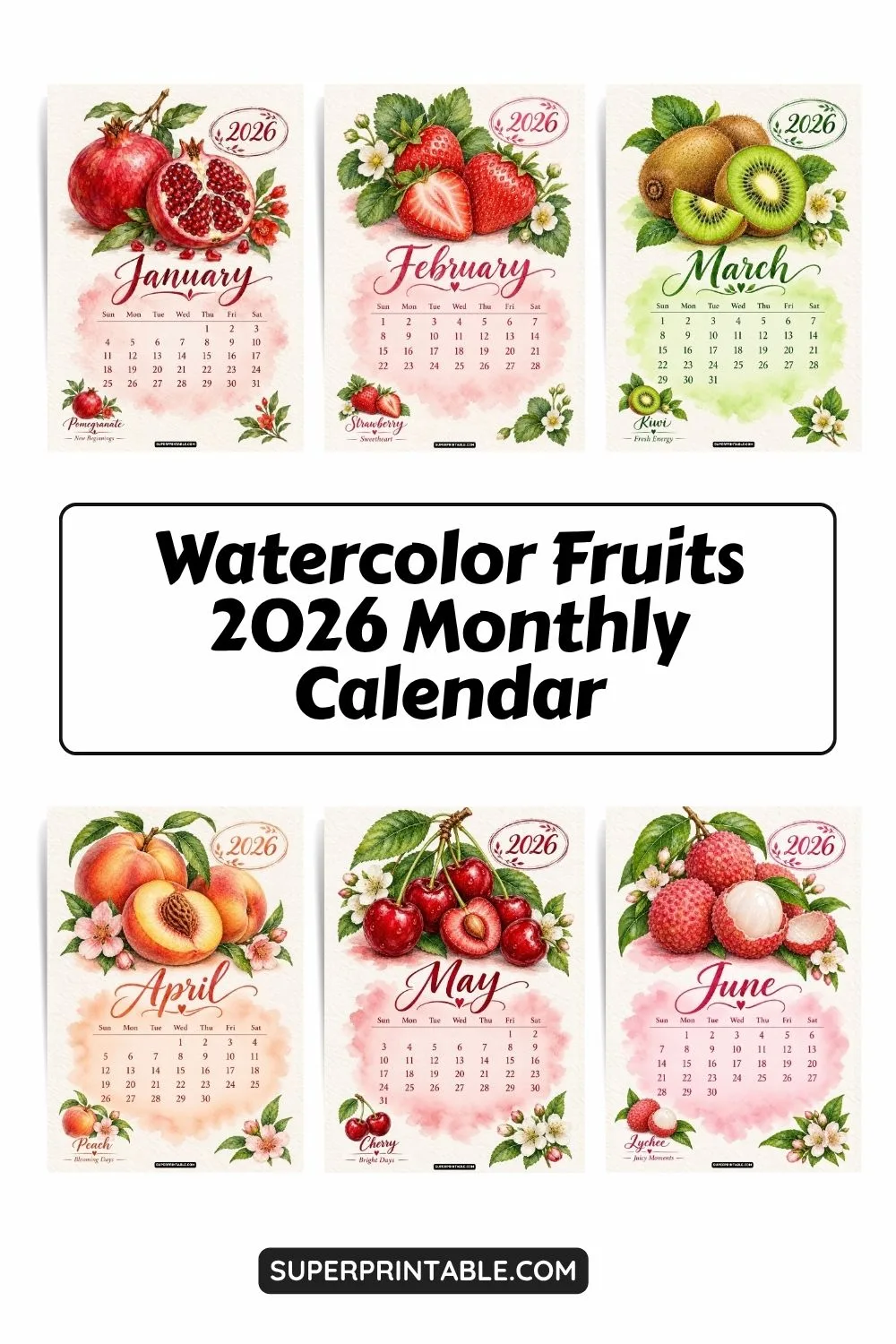 Watercolor Fruits 2026 Monthly Calendar Pinterest Image