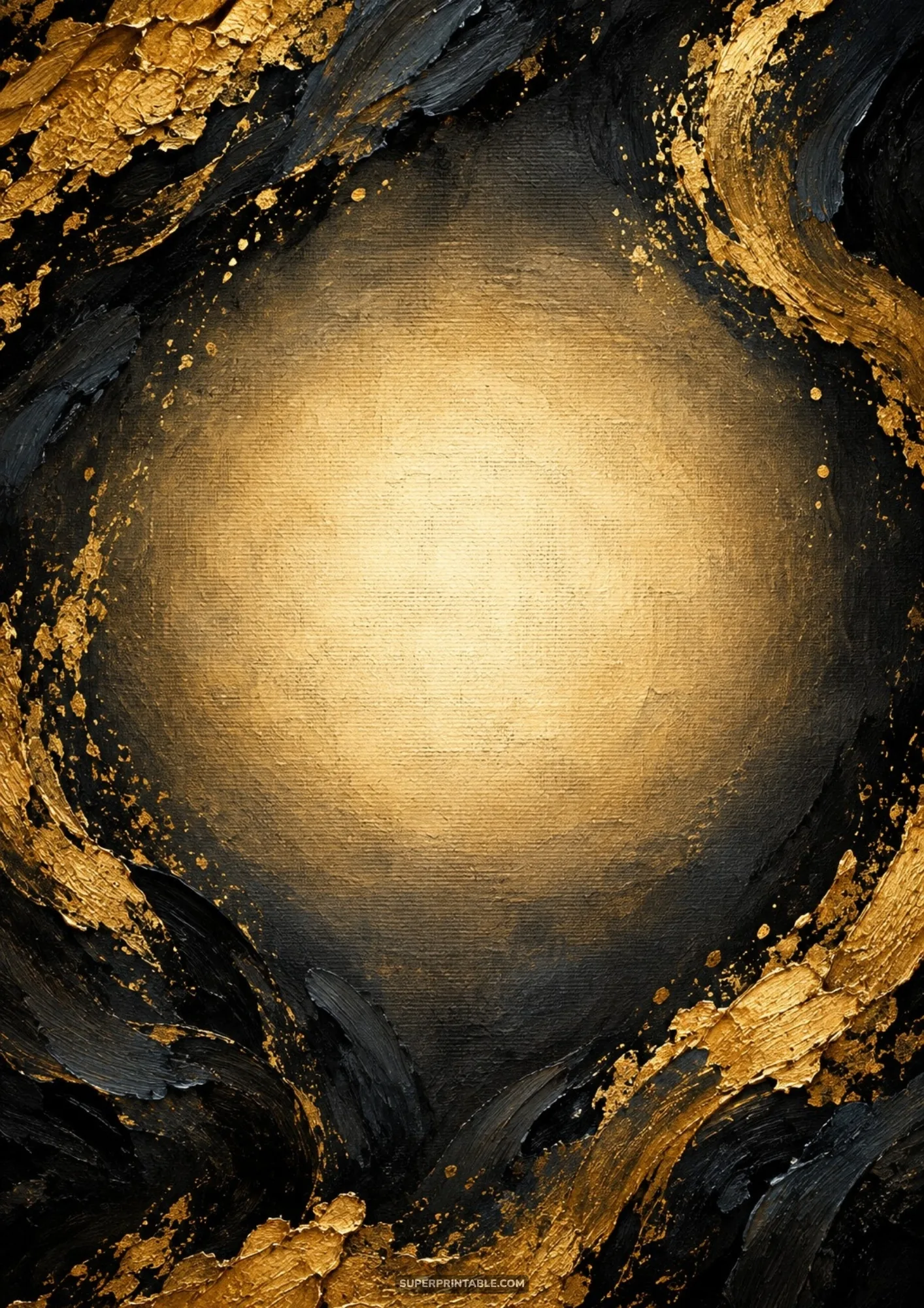 Abstract heavy impasto oil painting with black strokes and textured gold leaf