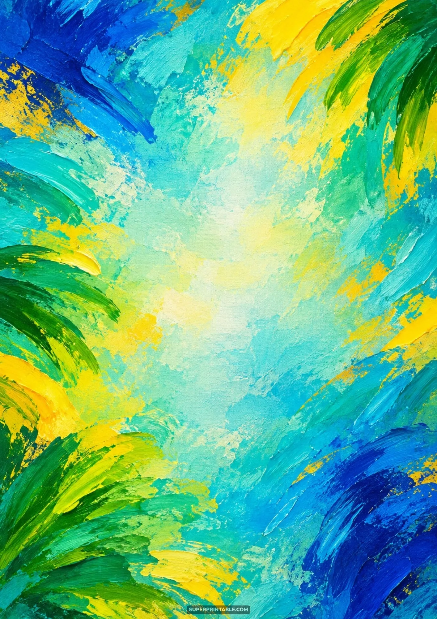 Vibrant oil painted abstract palm fronds in vivid yellow, blue, and green