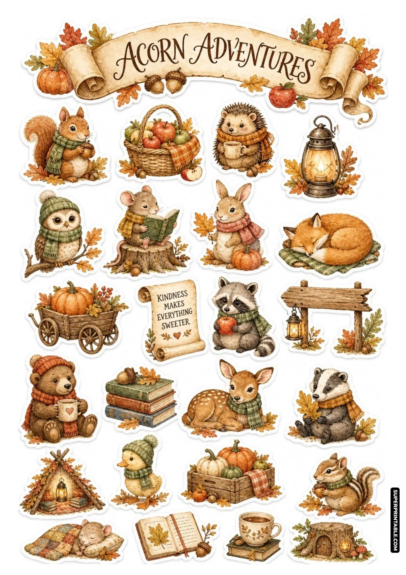 Acorn Adventures sticker sheet with cute forest animals reading books and sipping cocoa amidst fall foliage.