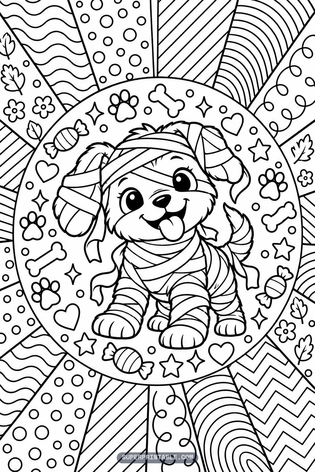 Adorable puppy in mummy bandages smiling with playful puppy paws and treats on patterned background rays