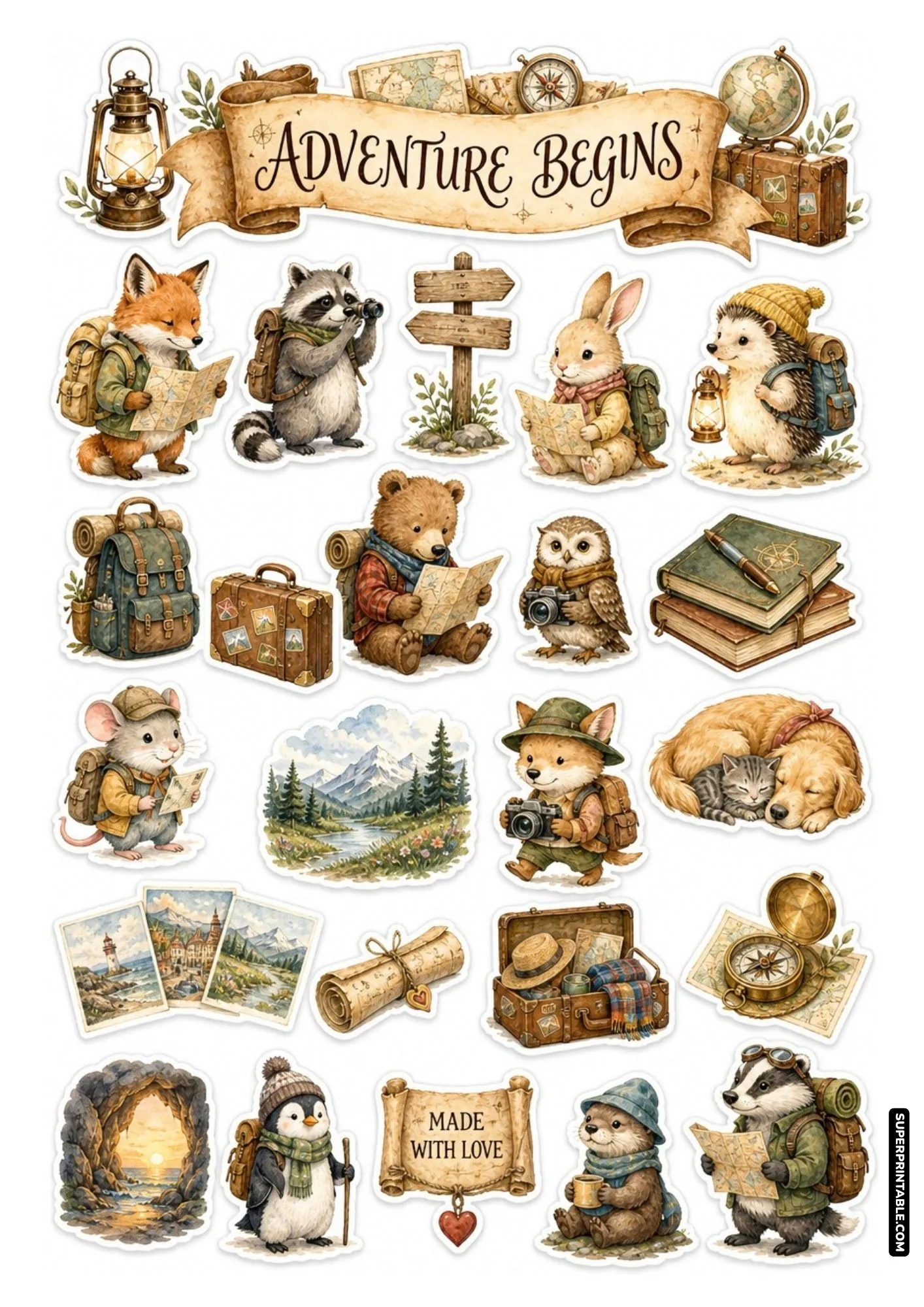 Adventure begins sticker sheet with cute expedition animals, compass, and mountain view