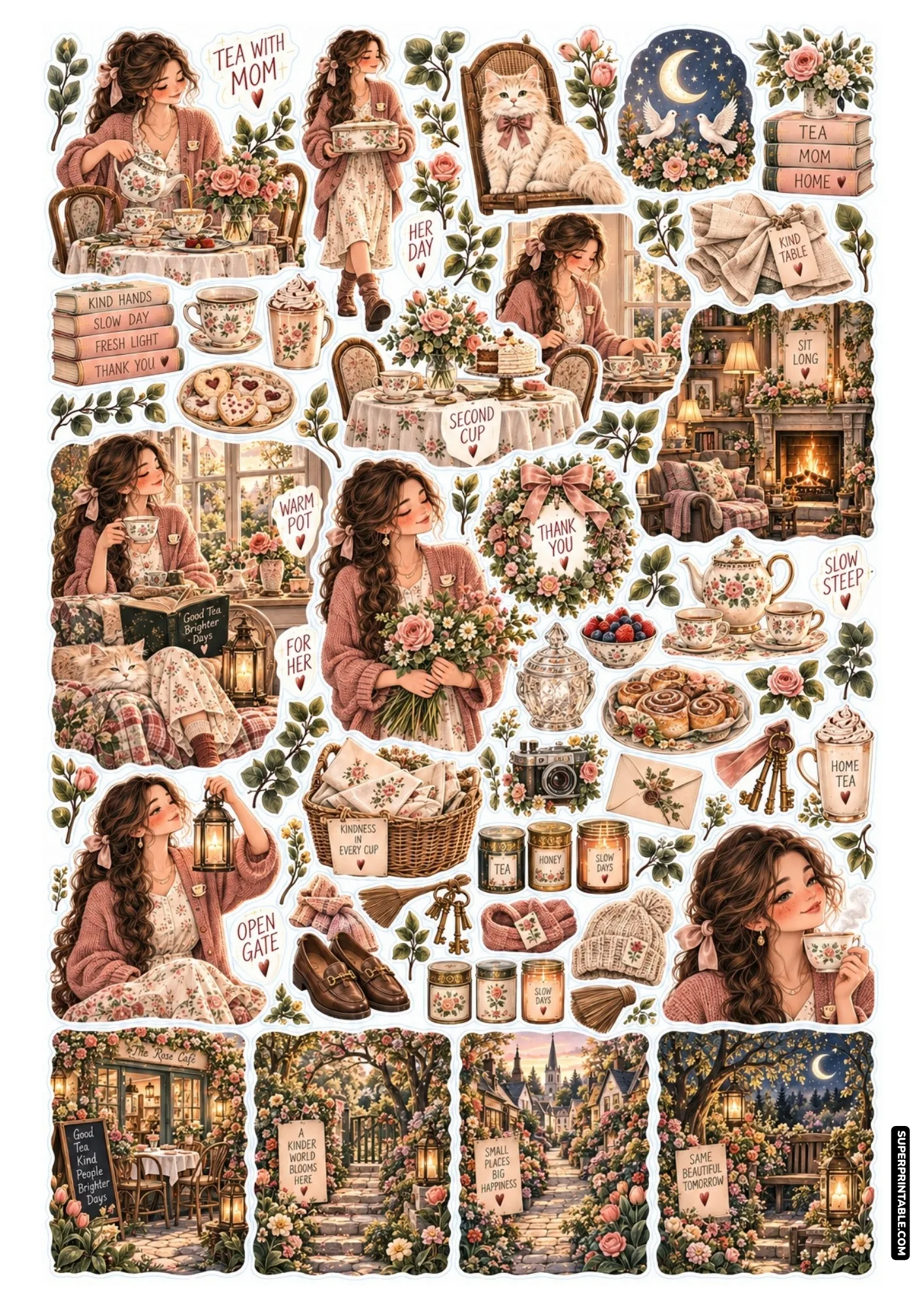 Cozy afternoon tea sticker sheet with porcelain teapot, floral teacups, freshly baked cinnamon rolls, and rose tones.