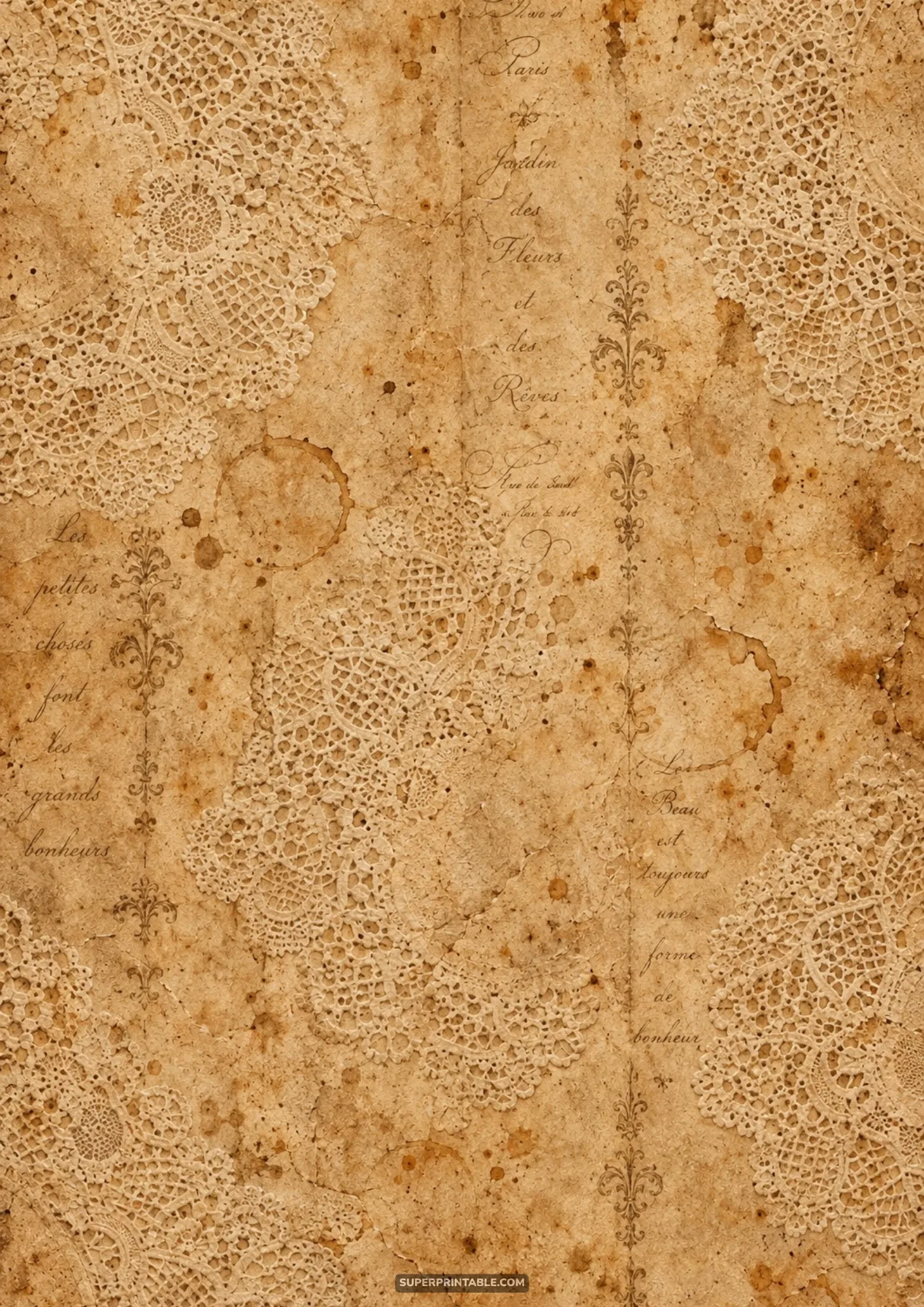 Antique coffee-stained parchment paper featuring delicate circular crochet lace doilies and flourishes