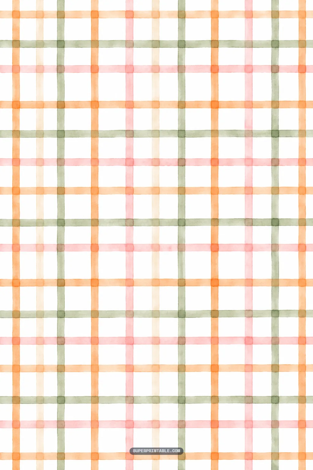 Spaced watercolor windowpane plaid in warm apricot orange, soft pink, and muted sage green.