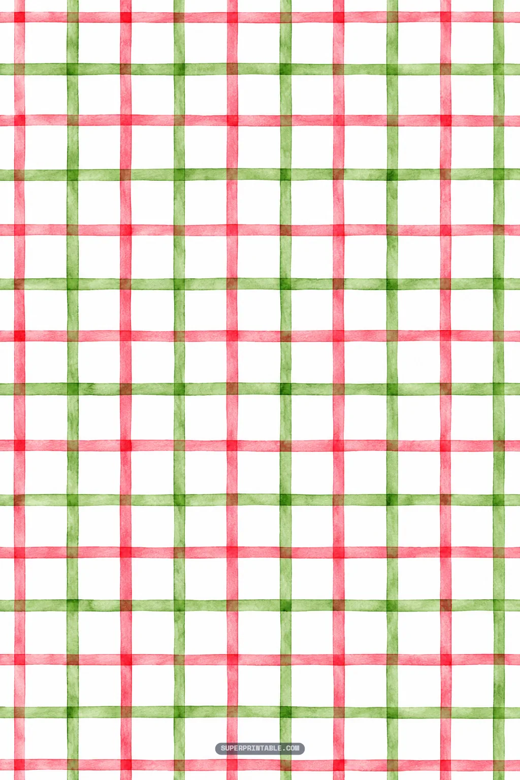Airy watercolor windowpane grid in light coral and olive green painted stripes on crisp white.