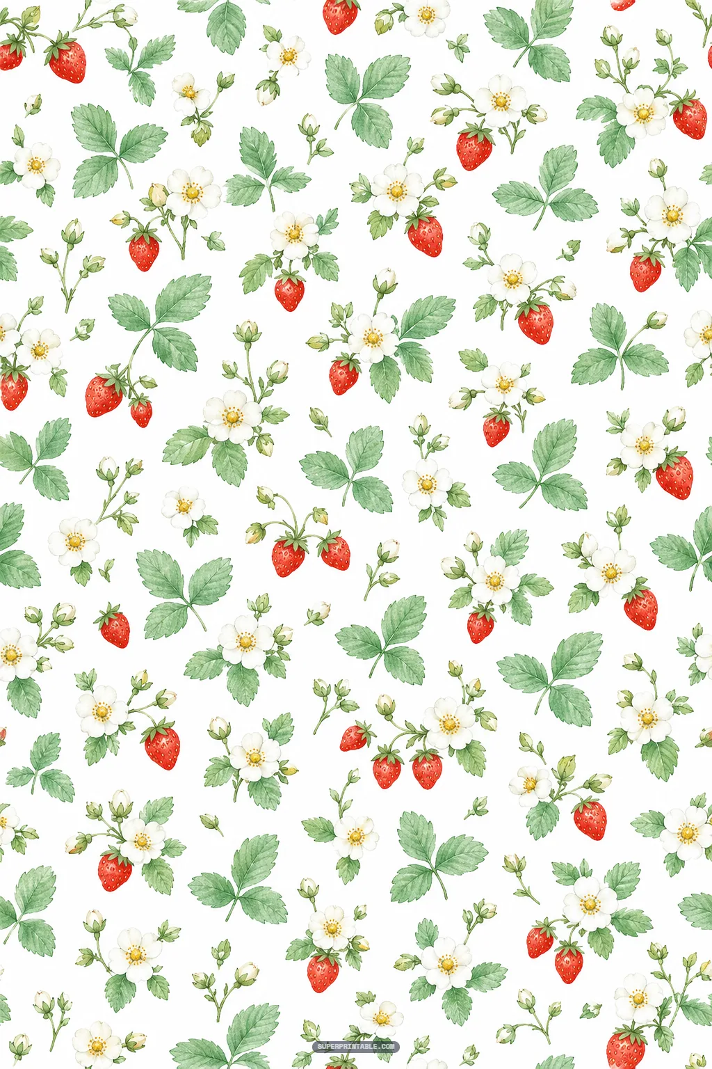 Airy floral print featuring dainty strawberry blossoms, leafy sprigs, and red berries