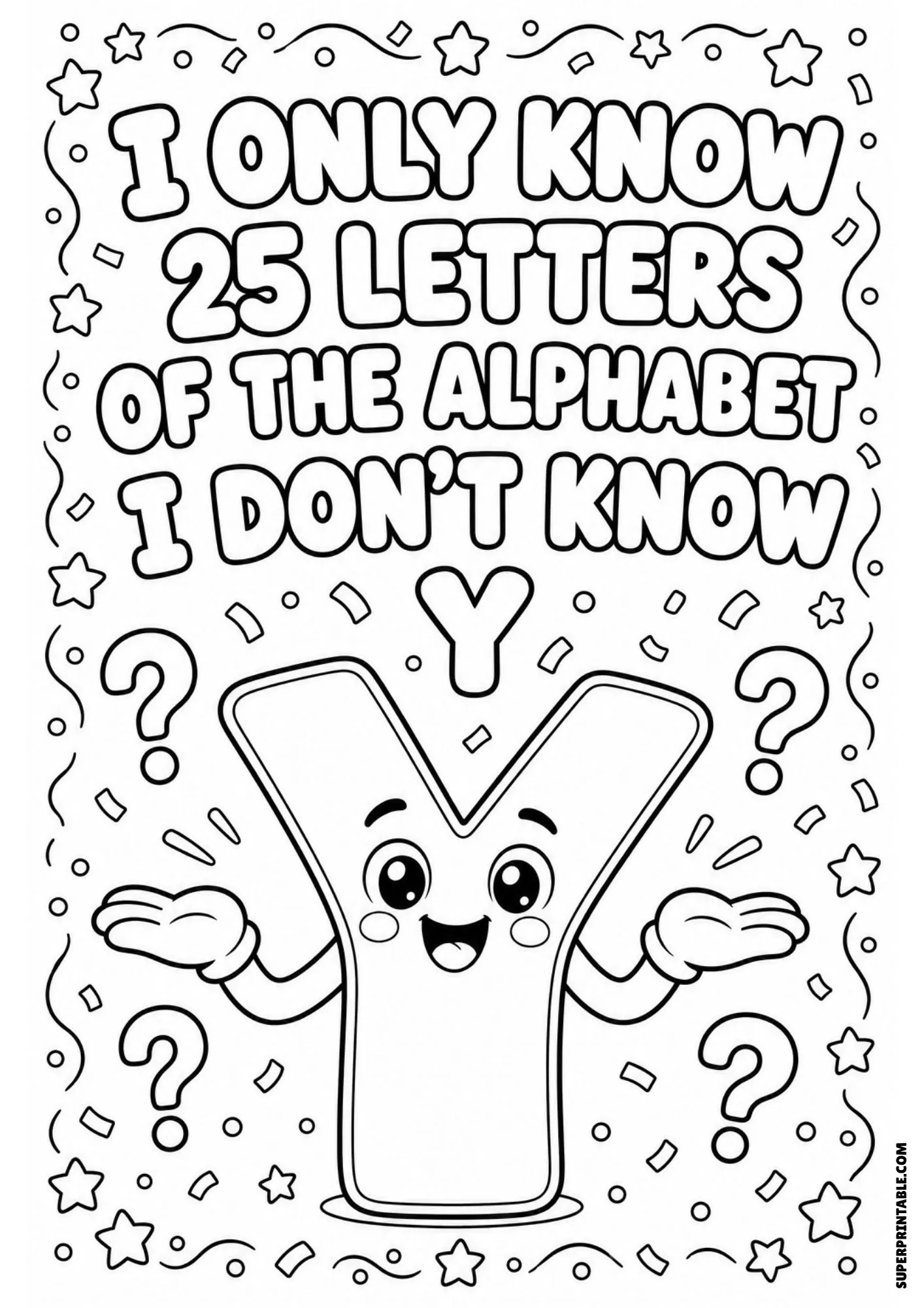 Printable letter Y riddle coloring page with cute cartoon letter character and question marks.