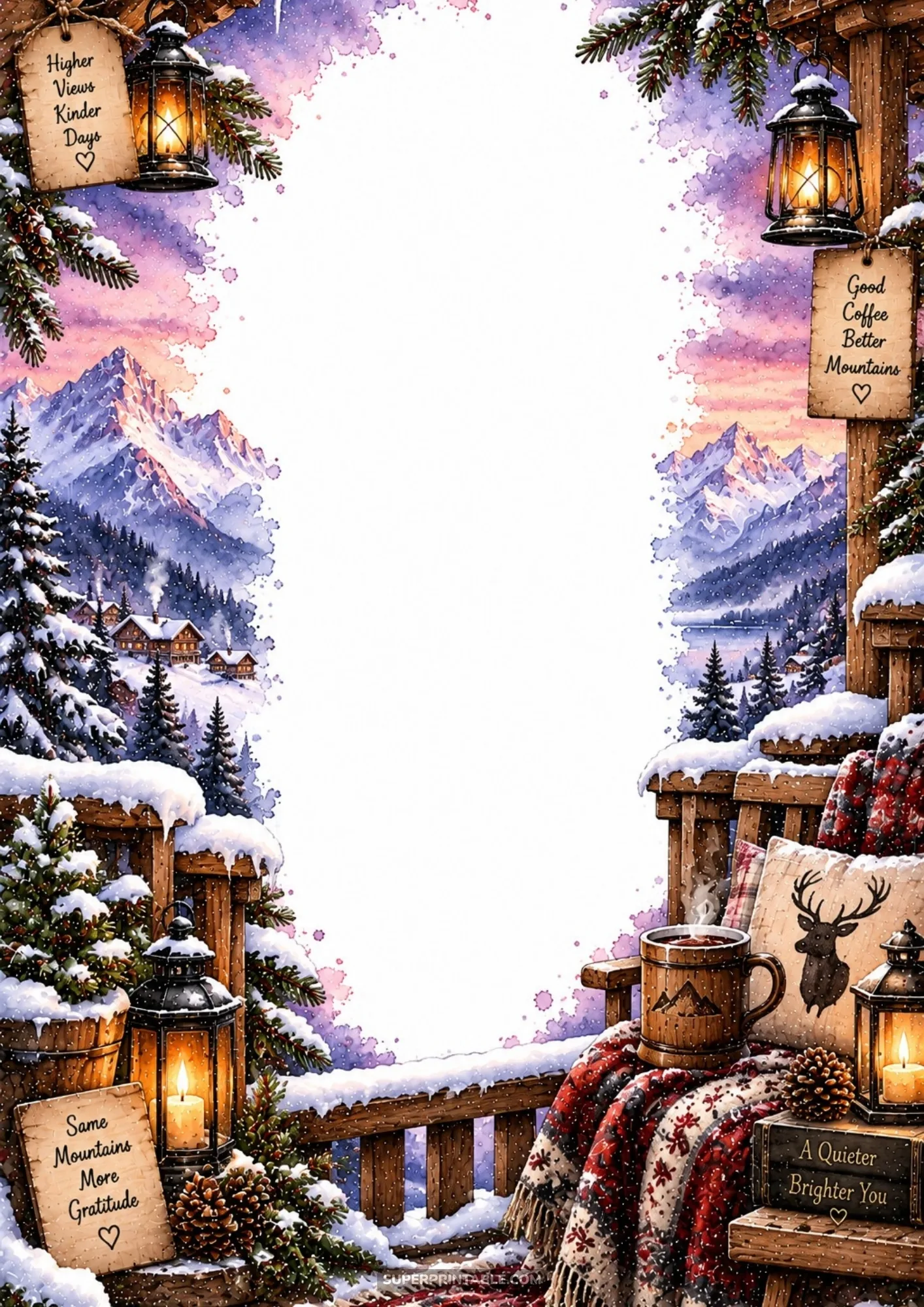 Snowy chalet balcony overlooking alpine mountains at sunset with steaming mug and warm lanterns.