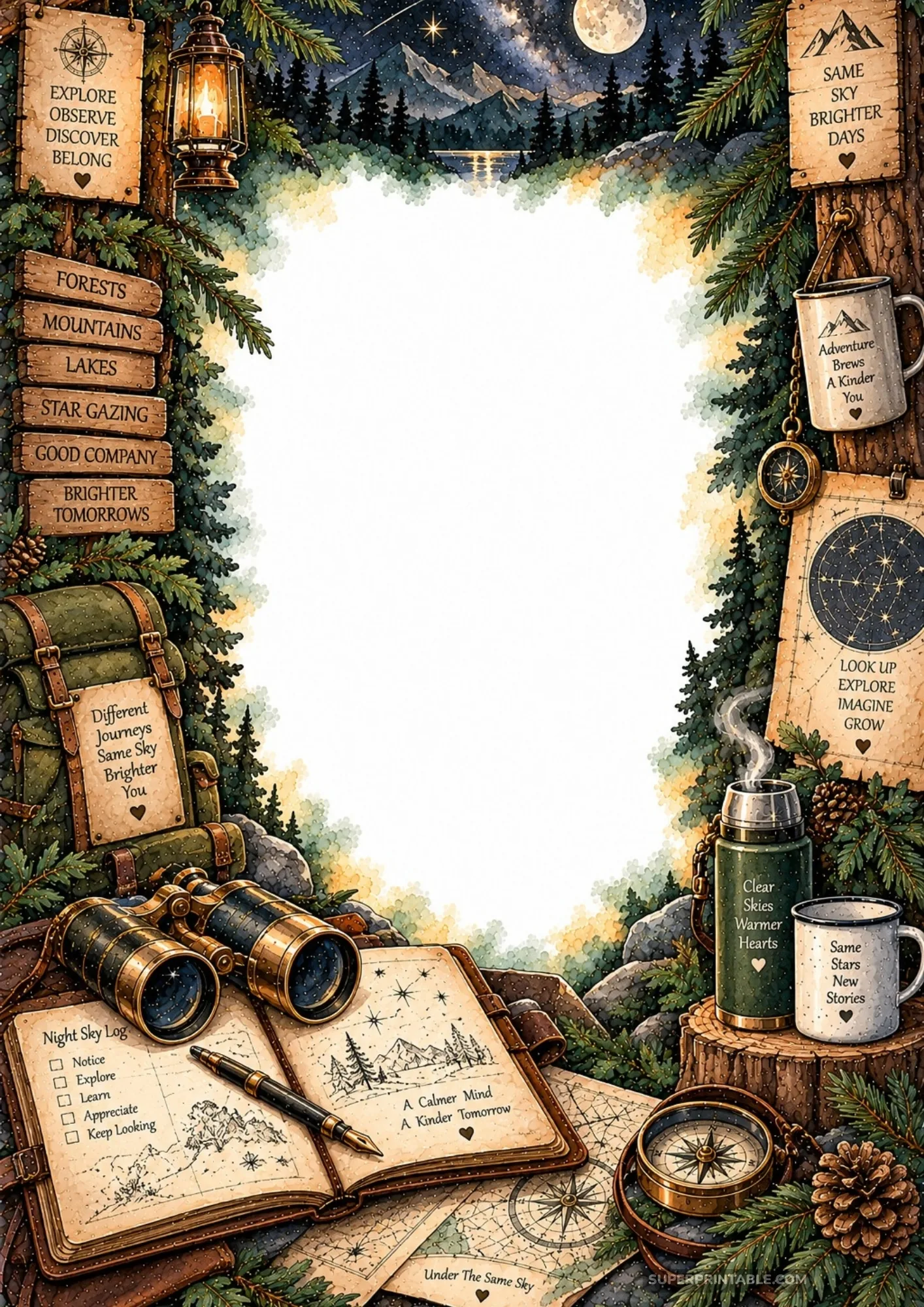 Rustic woodland camping border with brass binoculars, night sky field journal, and pine branches.