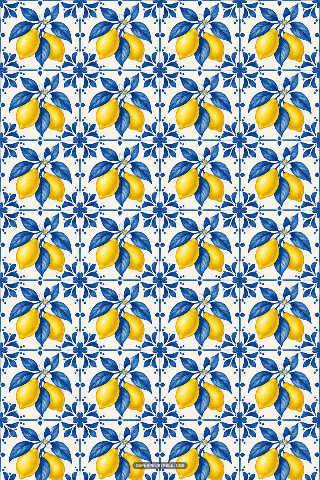 Ornate Italian majolica ceramic tile design featuring yellow lemons and cobalt blue decorative motifs