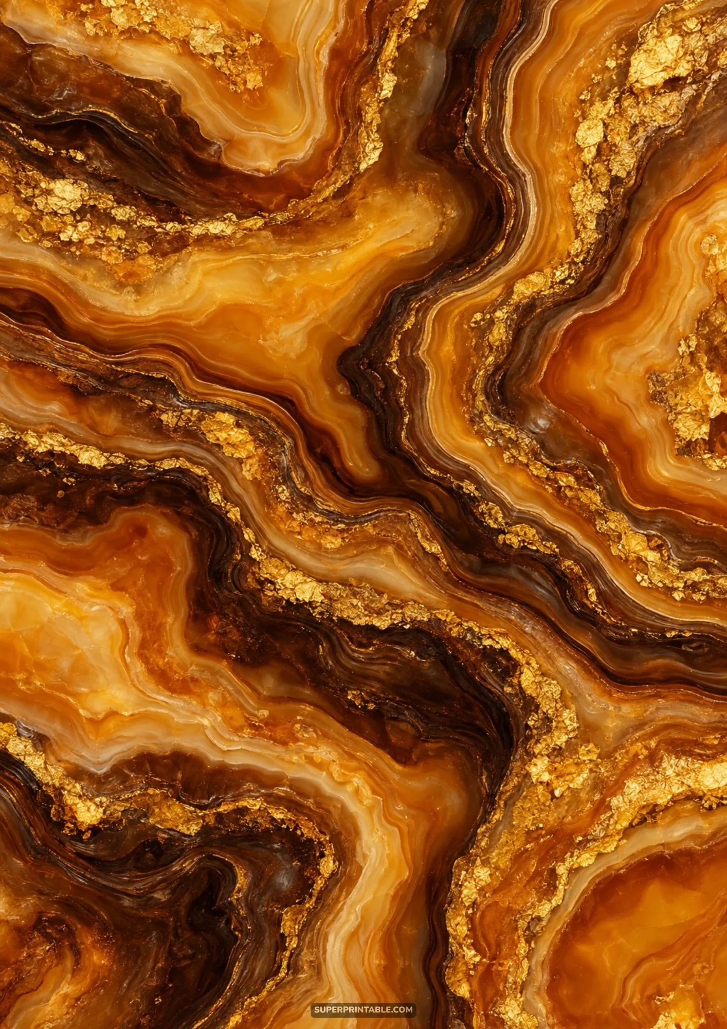 Rich honey amber and dark caramel agate mineral strata lined with chunky gold leaf accents