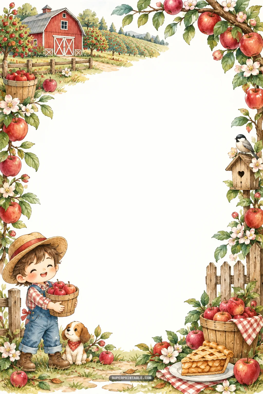 Farm boy holding fresh apples near a rustic red barn and orchard border frame