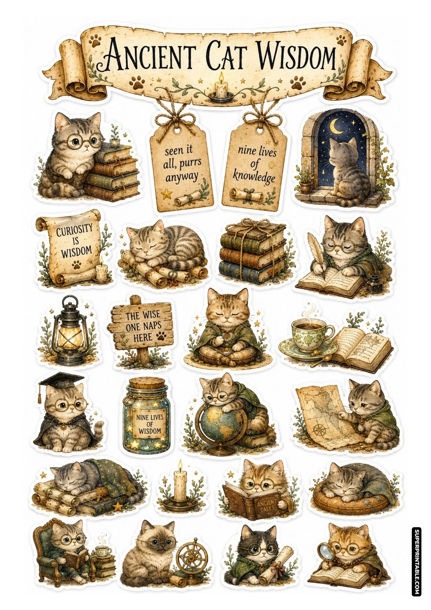 Sheet of vintage scholarly cat printable stickers featuring wise cats with eyeglasses, books, scrolls, and lanterns.