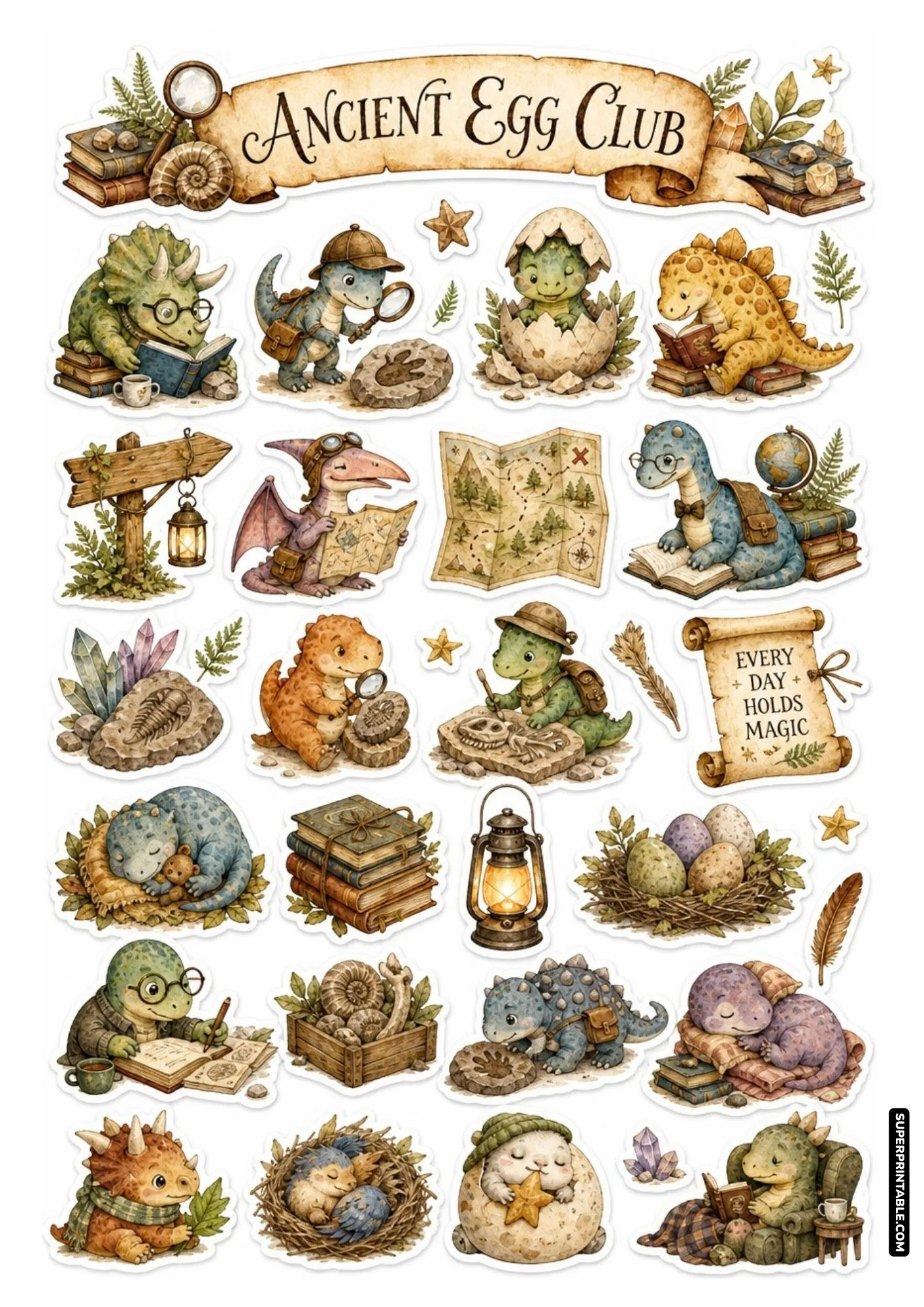 Ancient egg club sticker sheet with cute hatched dinosaurs in eggshells and nests.