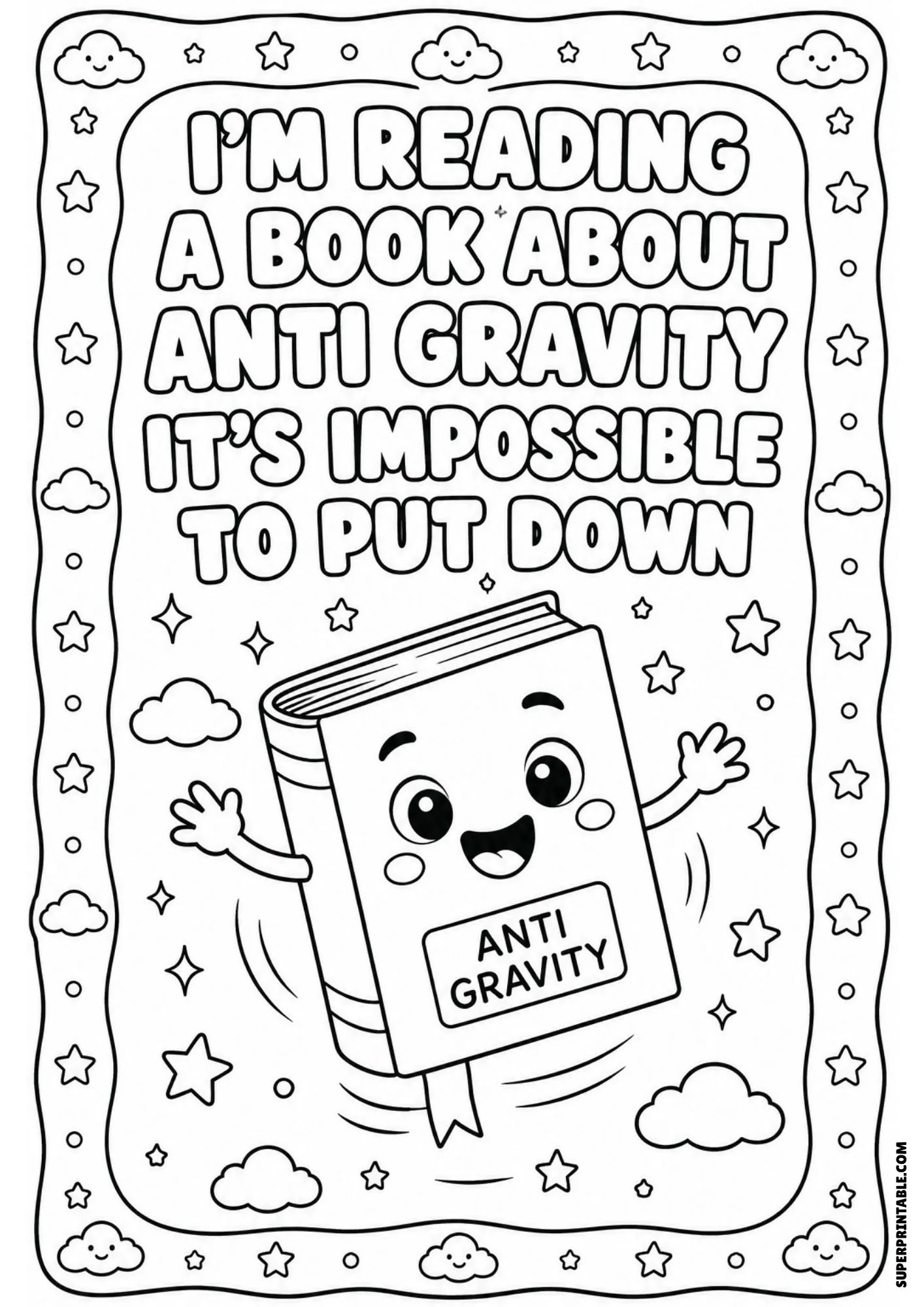 Floating book joke coloring sheet showing a cheerful cartoon textbook drifting among stars and clouds.
