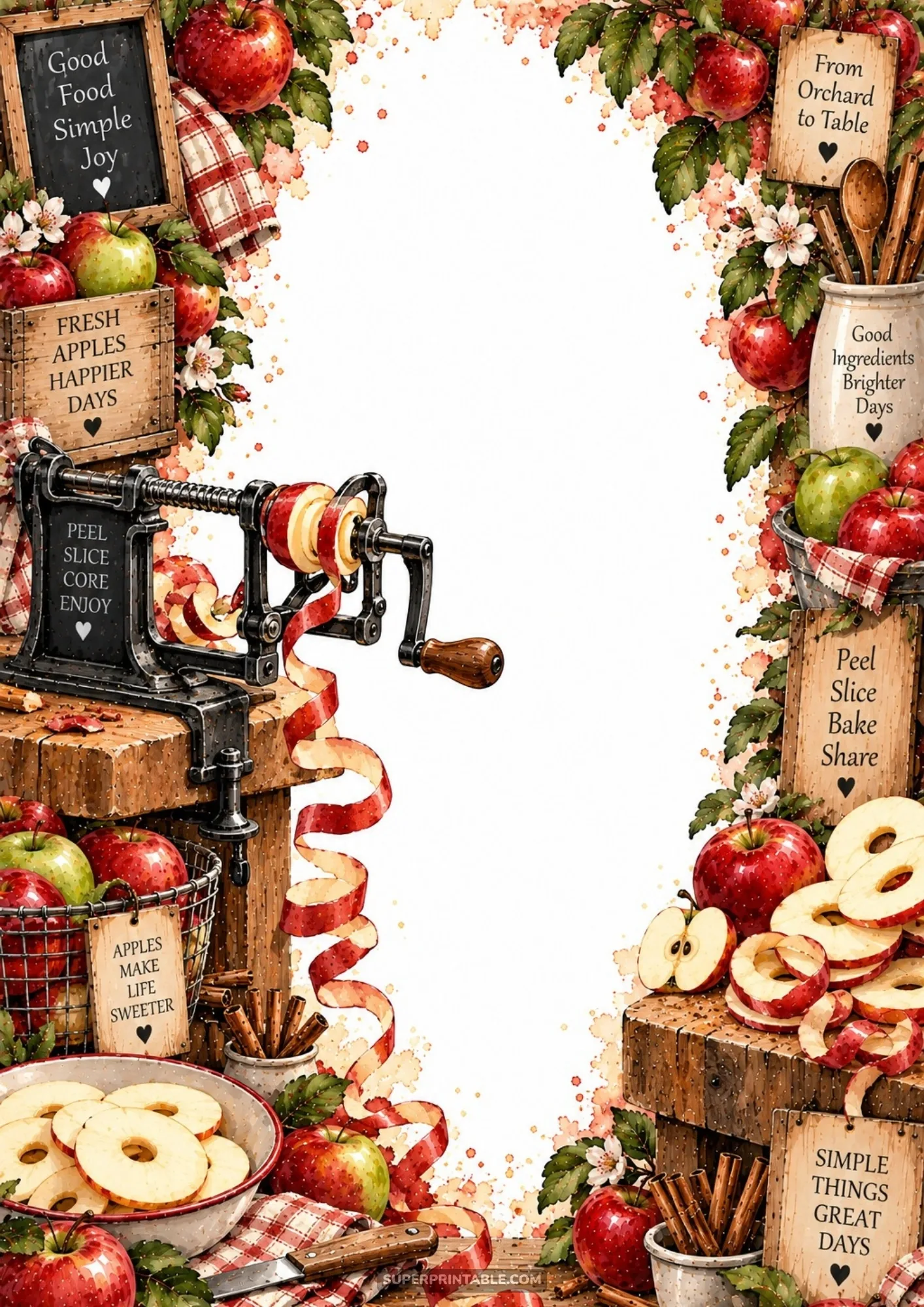 Antique mechanical apple peeler coring a red apple with spiraling peels and bowls of fresh sliced rings