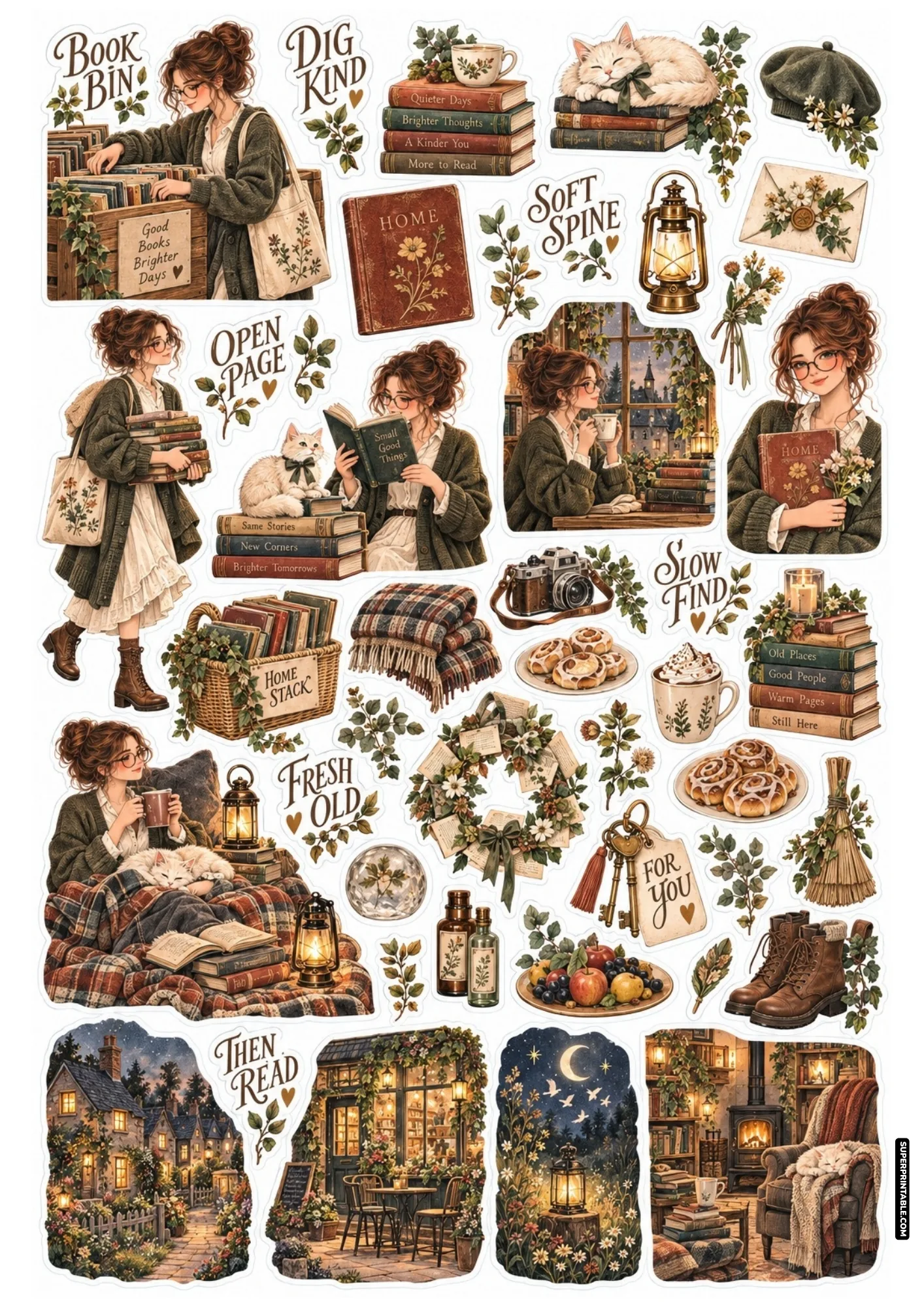 Antique bookstore stickers featuring hardcover book stacks, reading armchairs, and sleeping kittens.