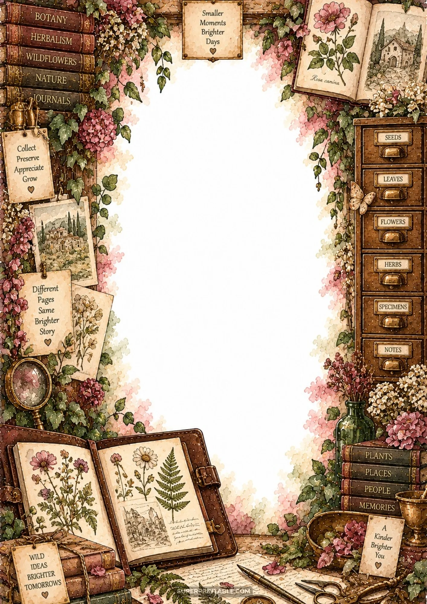Antique botanical study border with apothecary specimen drawers and pressed herbarium journal.
