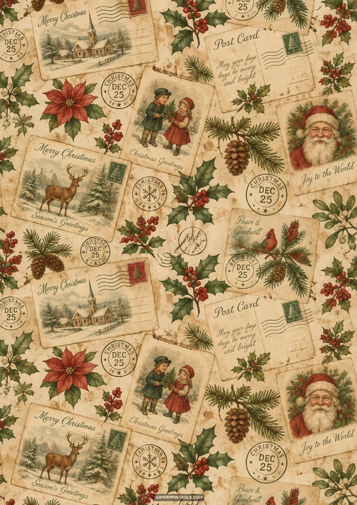 Vintage Christmas ephemera collage with Santa postcards, holly, and stamps