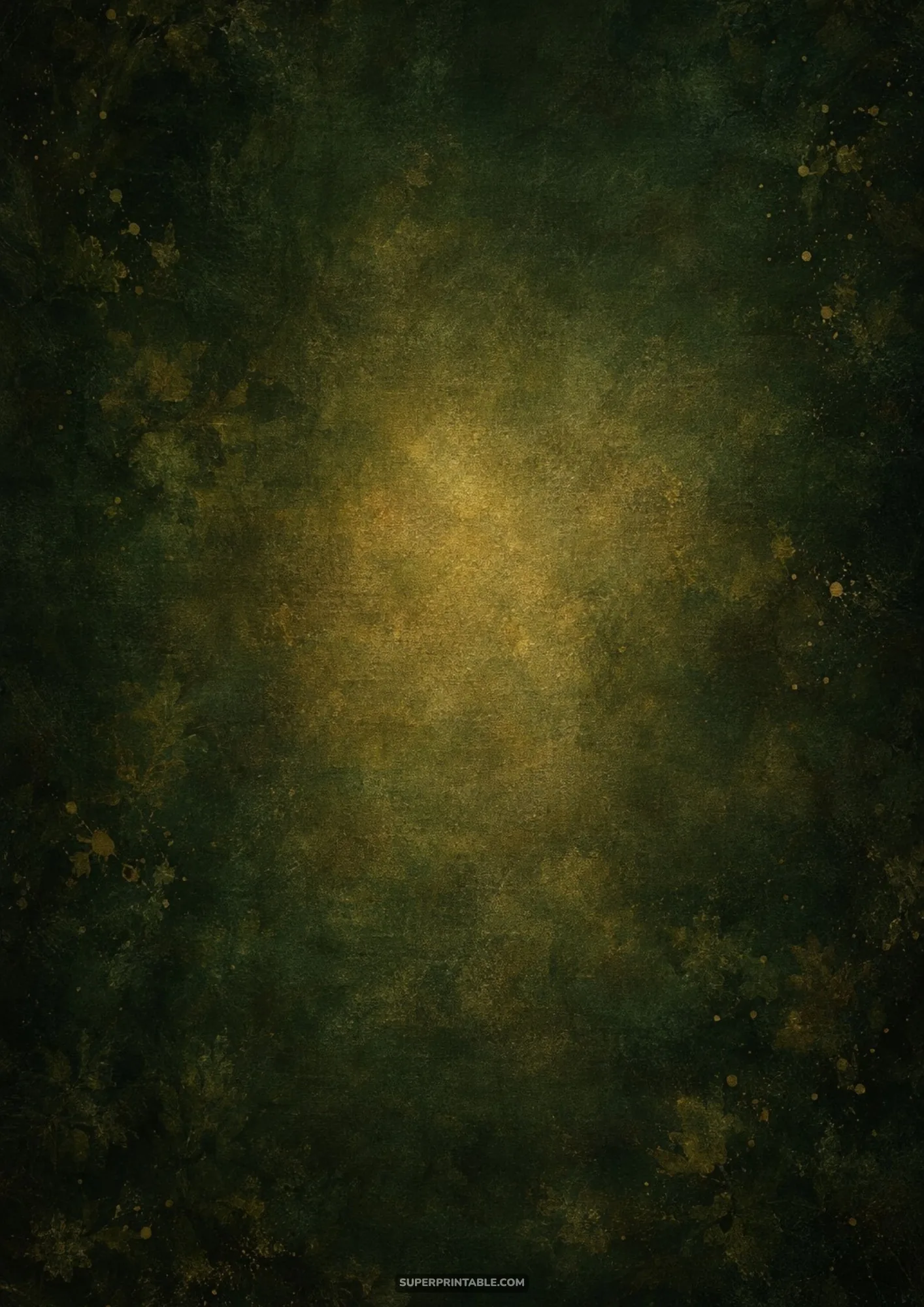 Deep forest green and olive textured surface with faint botanical accents.