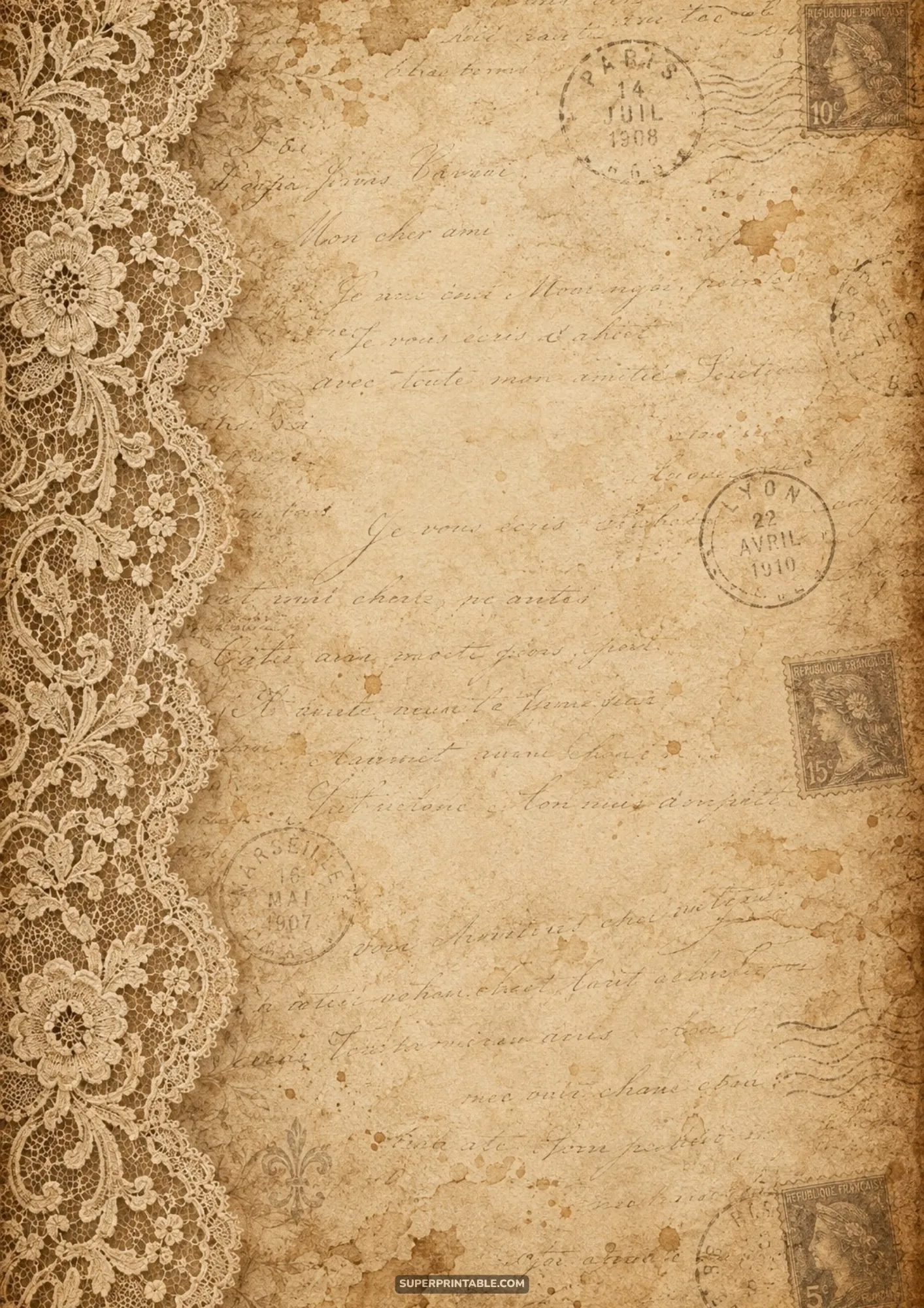 Faded French cursive letter paper trimmed with an intricate scalloped floral crochet lace border