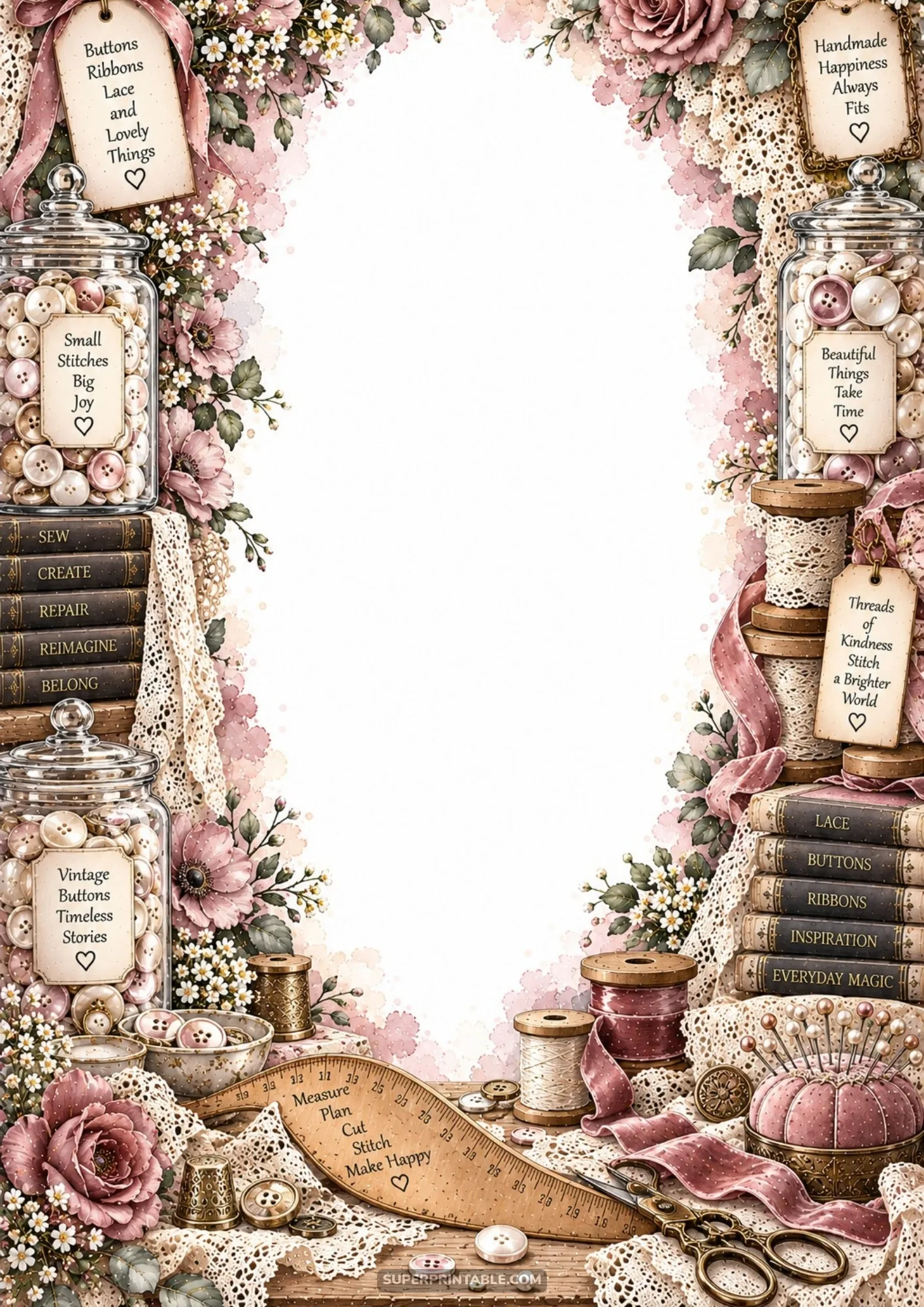 Elegant haberdashery stationery border with glass jars full of antique pearl buttons and dusty rose ribbons.